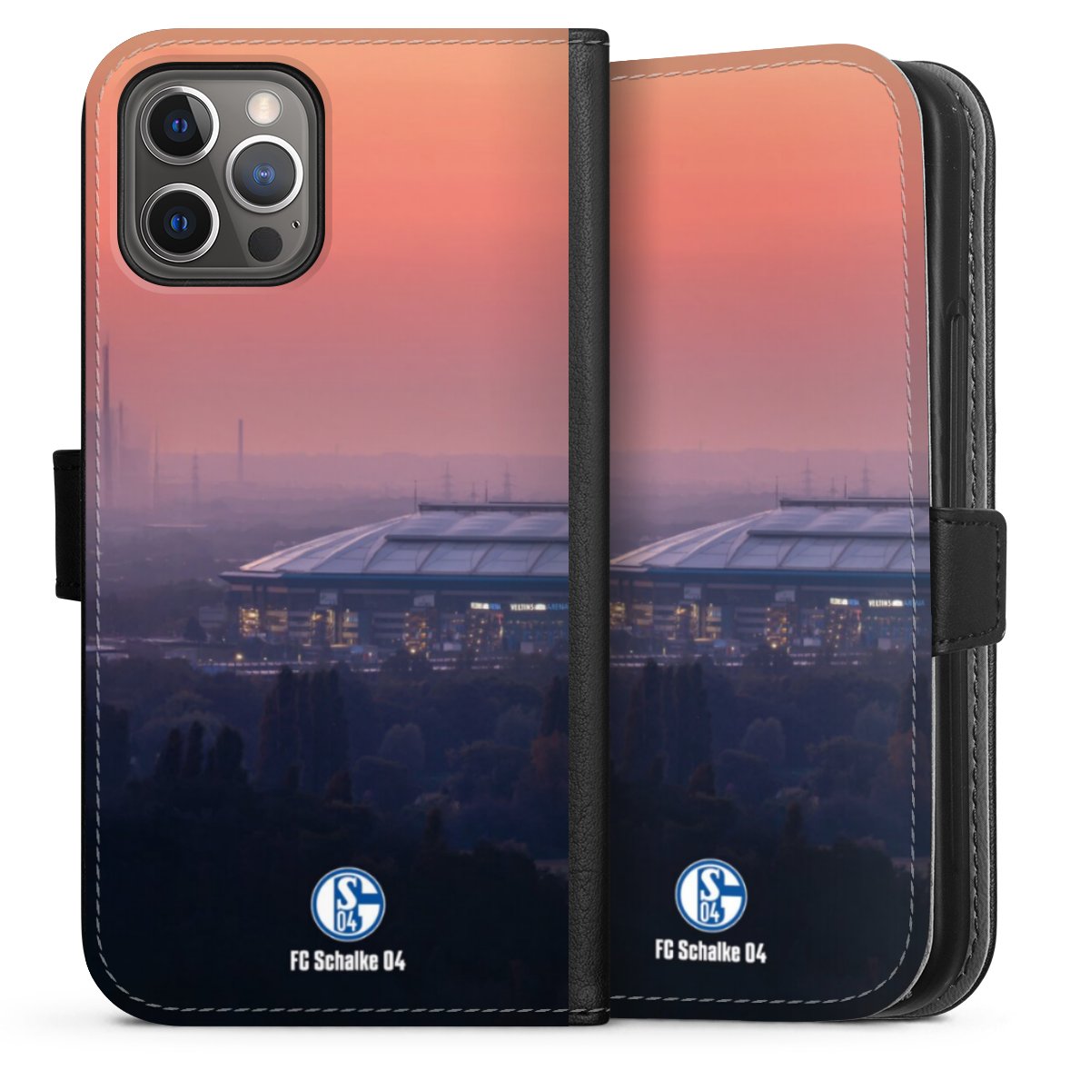 iPhone 12 Pro Handy Klapphülle Handyhülle aus Kunst Leder schwarz Flip Case Schalke 04 Fc Schalke 04 Stadium Sideflip mit langer Lasche