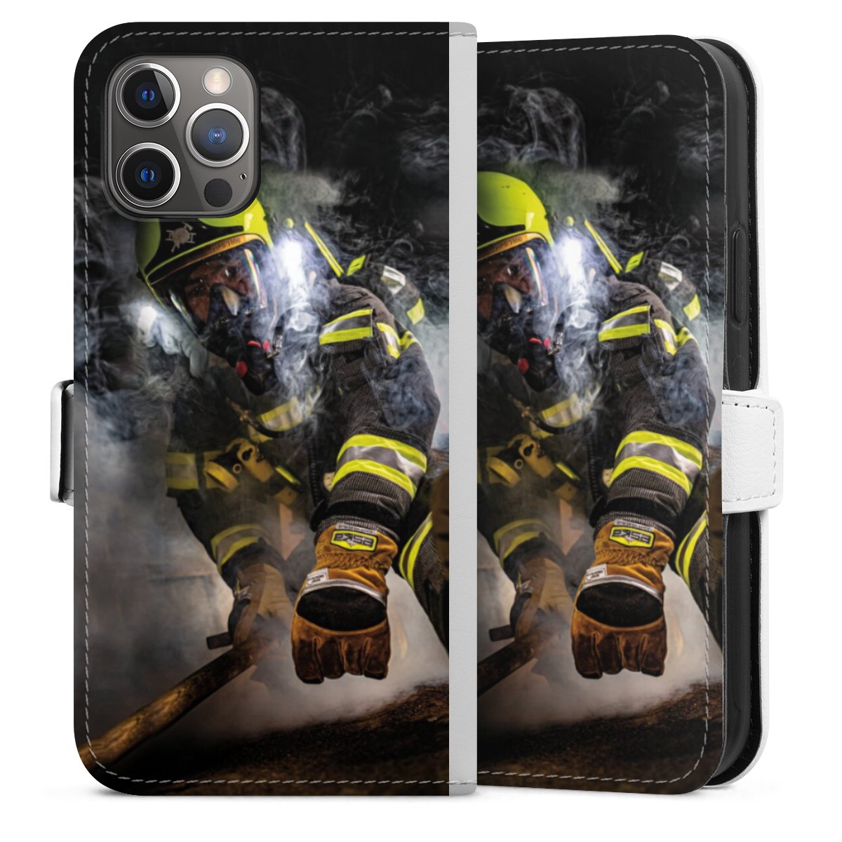 iPhone 12 Pro Handy Klapphülle Handyhülle aus Kunst Leder weiß Flip Case Fire Fighter Fire Fire Fighters Sideflip mit Lasche