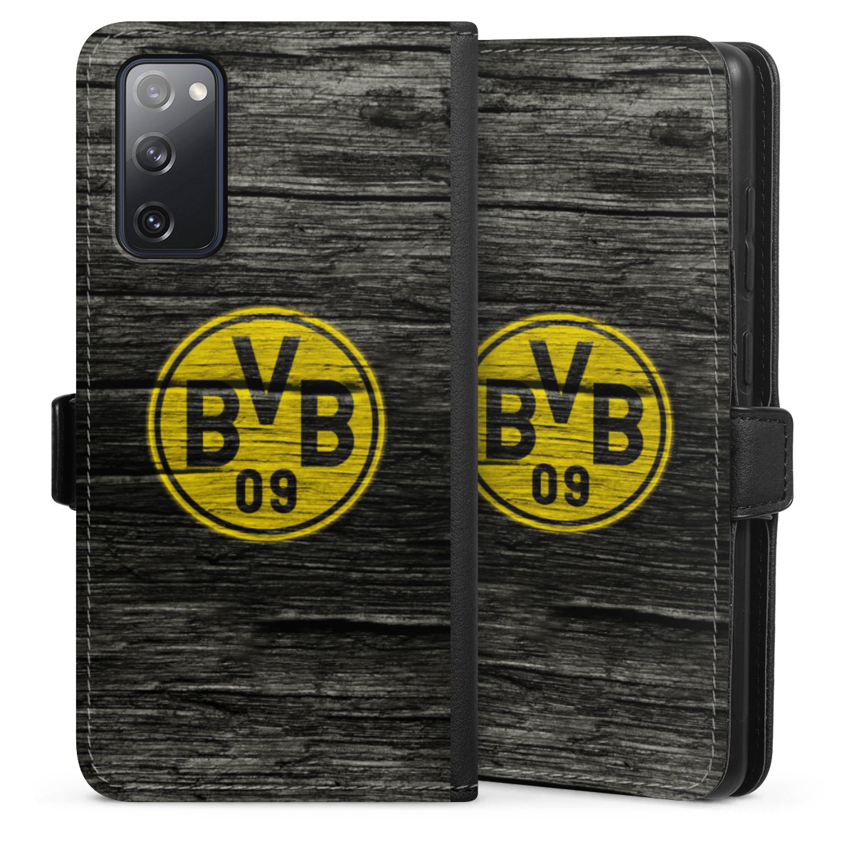 Galaxy S20 FE Handy Klapphülle Handyhülle aus Kunst Leder schwarz Flip Case Wooden Look Borussia Dortmund Bvb Sideflip mit Lasche