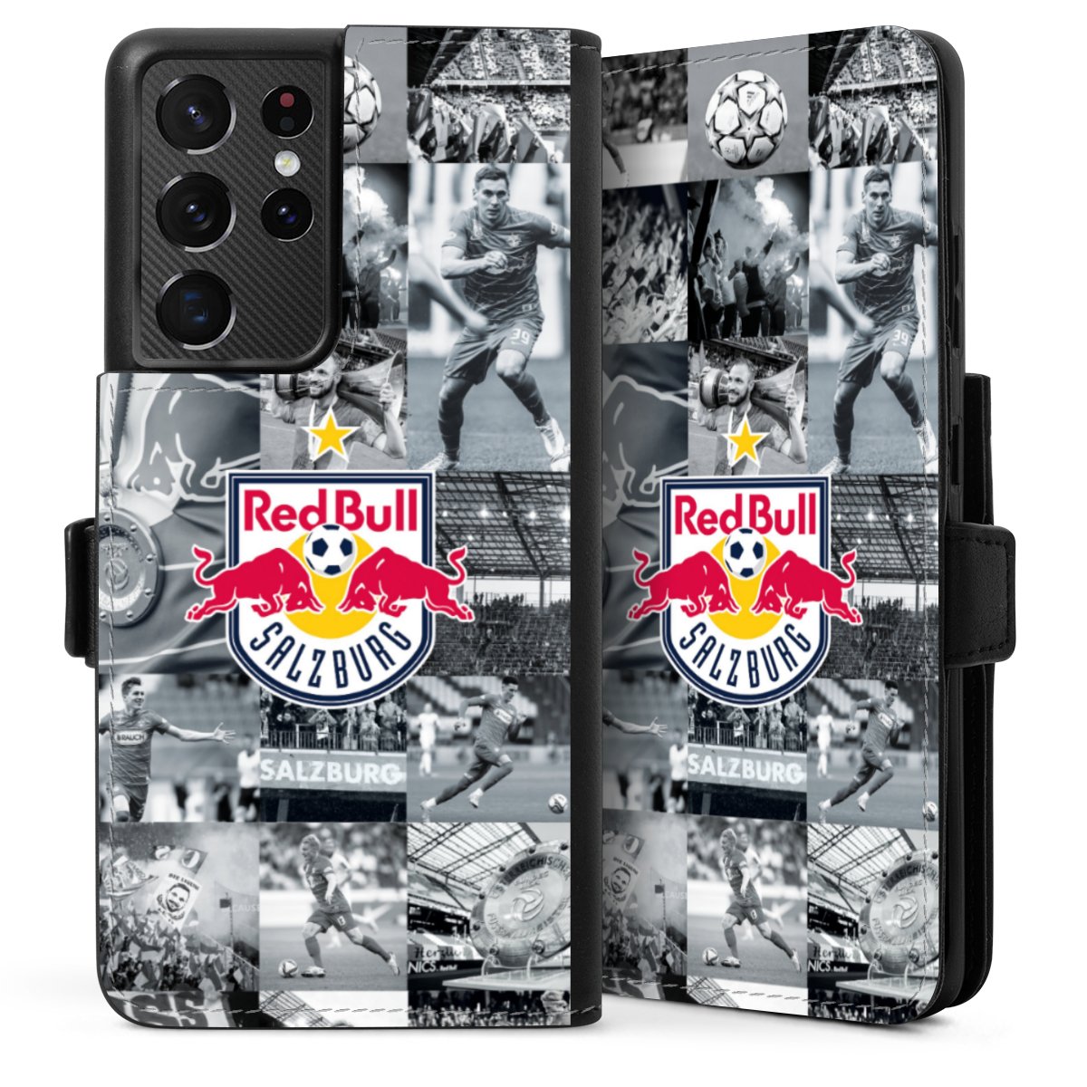 Galaxy S21 Ultra 5G Handy Klapphülle Handyhülle aus Kunst Leder schwarz Flip Case Salzburg Fc Red Bull Salzburg Red Bull Sideflip mit Lasche