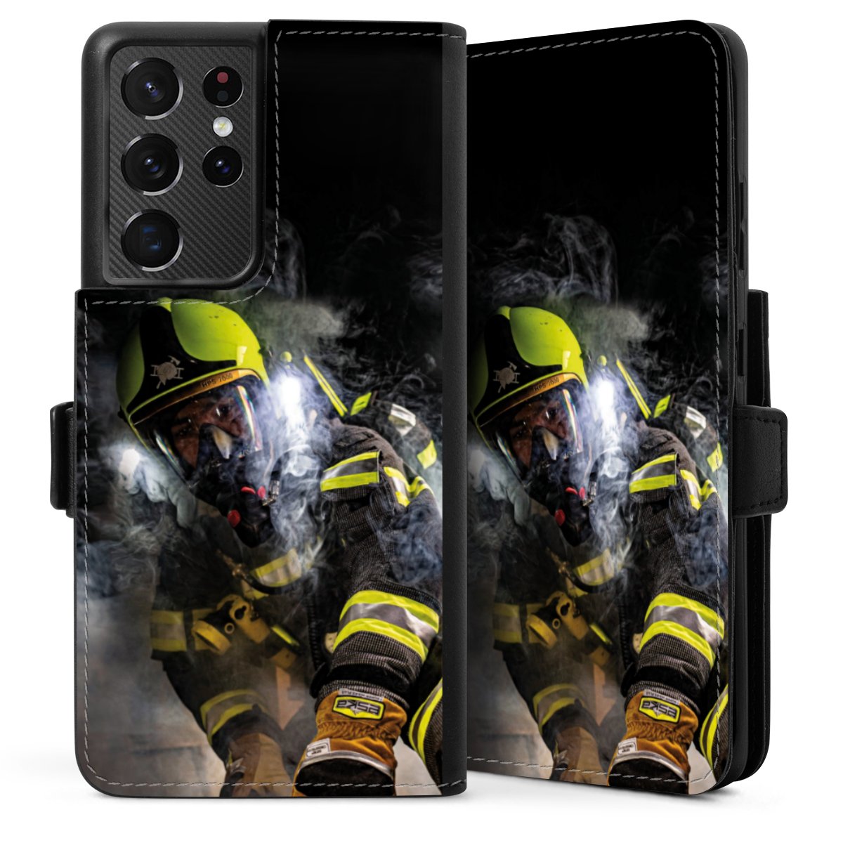 Galaxy S21 Ultra 5G Handy Klapphülle Handyhülle aus Kunst Leder schwarz Flip Case Fire Fighter Fire Fire Fighters Sideflip mit Lasche