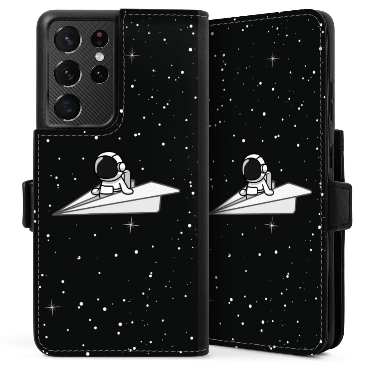 Galaxy S21 Ultra 5G Handy Klapphülle Handyhülle aus Kunst Leder schwarz Flip Case Astronaut Comic Paper Sideflip mit Lasche