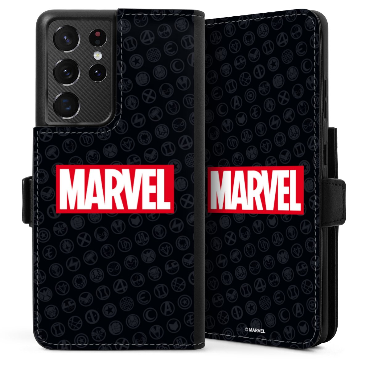 Galaxy S21 Ultra 5G Handy Klapphülle Handyhülle aus Kunst Leder schwarz Flip Case Comic Marvel Logo Sideflip mit Lasche