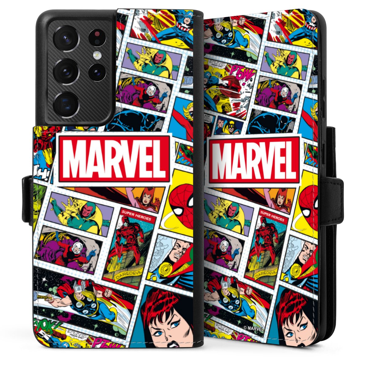 Galaxy S21 Ultra 5G Handy Klapphülle Handyhülle aus Kunst Leder schwarz Flip Case Marvel Comic Muster Sideflip mit Lasche