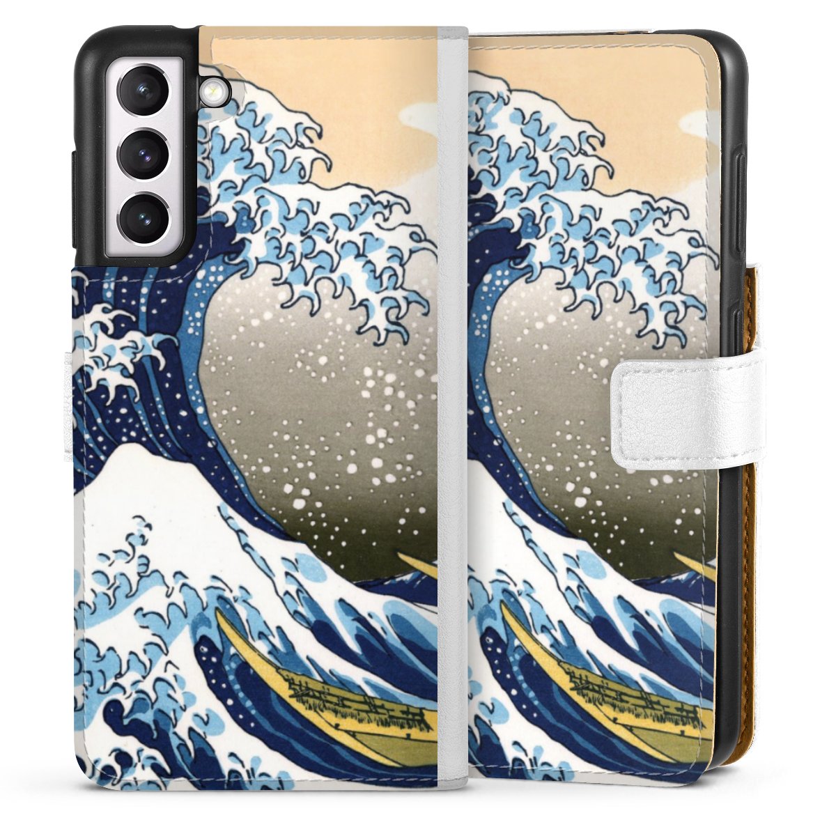 Galaxy S21 5G Handy Klapphülle Handyhülle aus Kunst Leder weiß Flip Case Die Große Welle Vor Kanagawa Kunst Katsushika Hokusai Sideflip mit Lasche