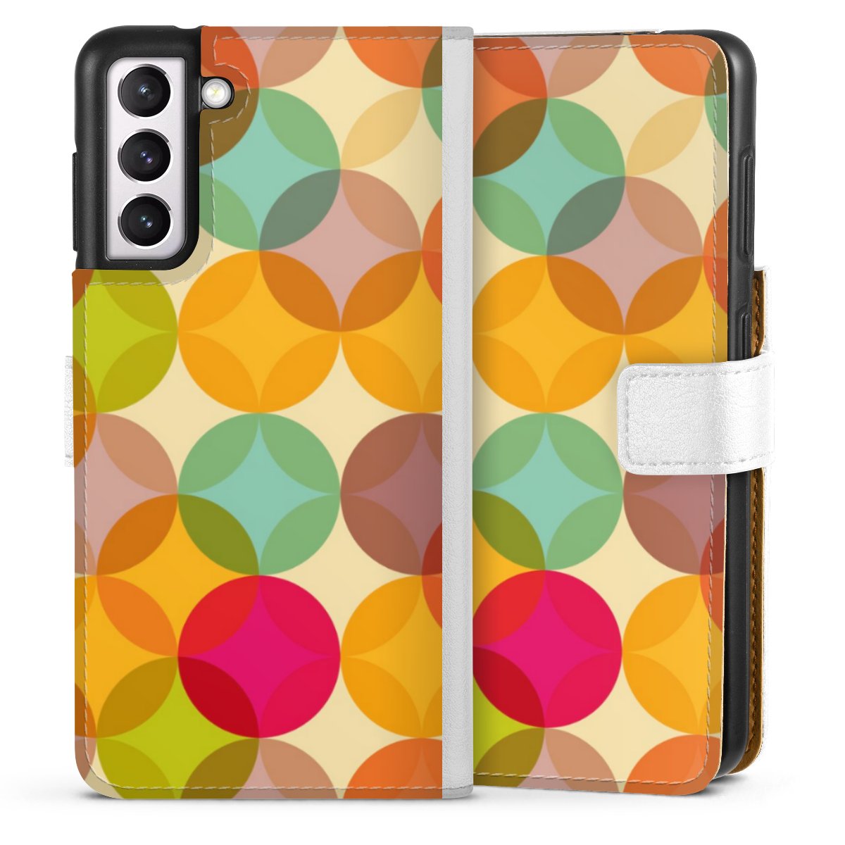 Galaxy S21 5G Handy Klapphülle Handyhülle aus Kunst Leder weiß Flip Case Art Circle Kunst Sideflip mit Lasche