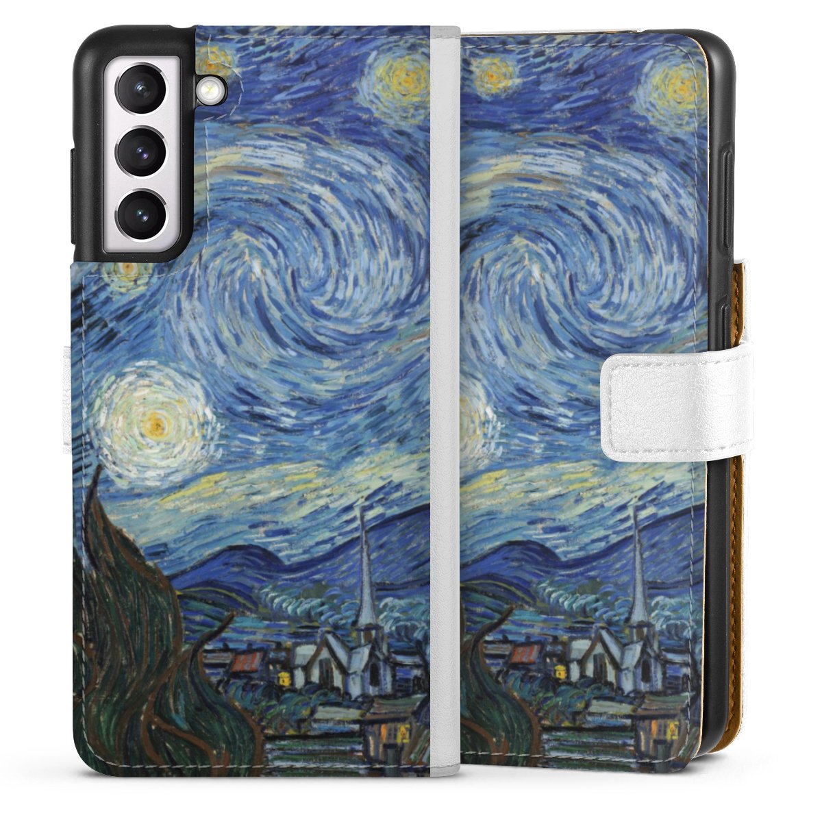 Galaxy S21 5G Handy Klapphülle Handyhülle aus Kunst Leder weiß Flip Case Vincent Van Gogh The Starry Night Kunst Sideflip mit Lasche