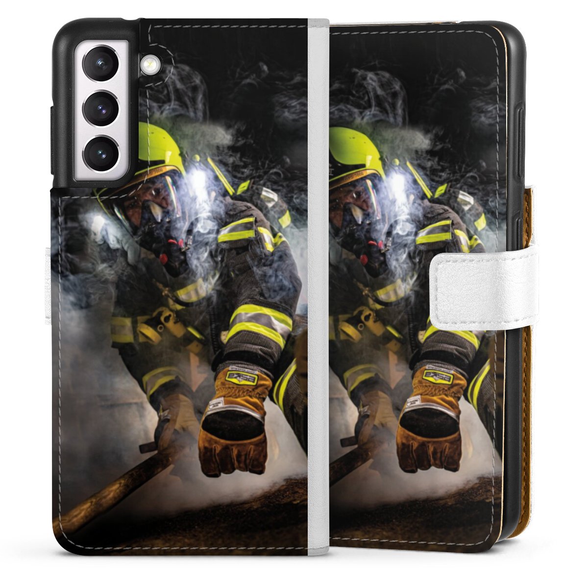 Galaxy S21 5G Handy Klapphülle Handyhülle aus Kunst Leder weiß Flip Case Fire Fire Fighter Fire Fighters Sideflip mit Lasche