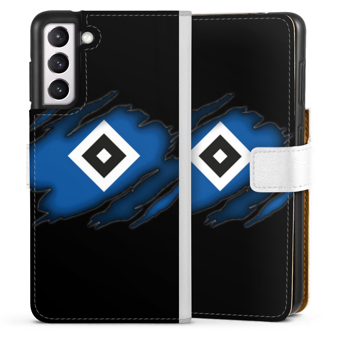 Galaxy S21 5G Handy Klapphülle Handyhülle aus Kunst Leder weiß Flip Case Hsv Official Licensed Product Hamburger Sv Sideflip mit Lasche