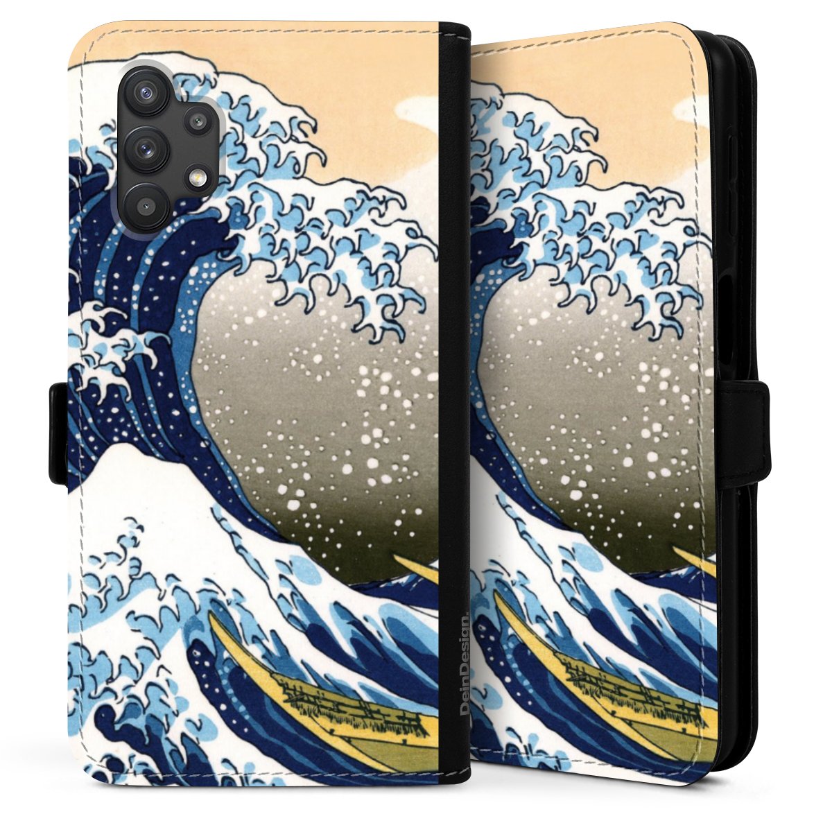 Galaxy A32 5G Handy Klapphülle Handyhülle aus Kunst Leder schwarz Flip Case Die Große Welle Vor Kanagawa Kunst Katsushika Hokusai Sideflip mit langer Lasche