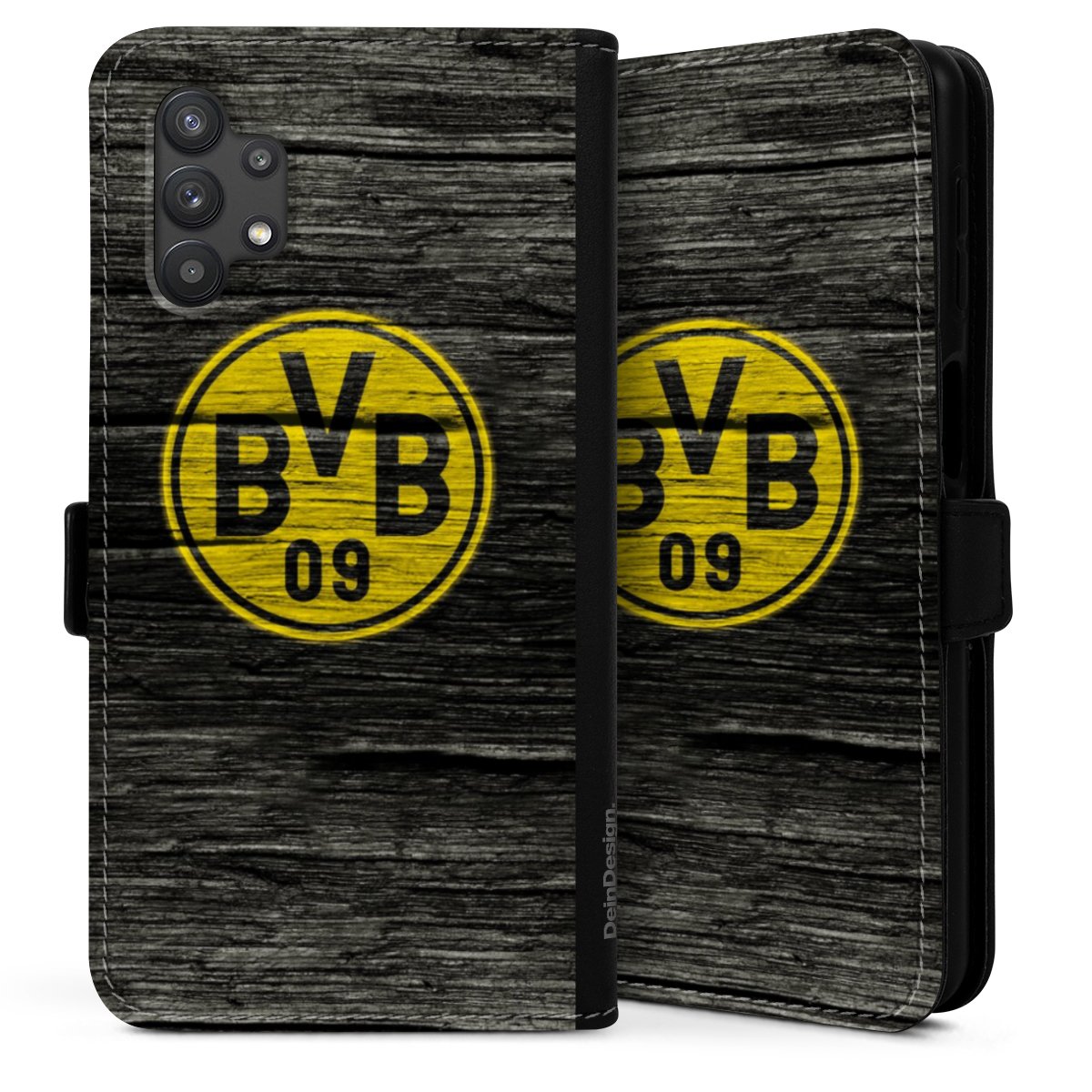 Galaxy A32 5G Handy Klapphülle Handyhülle aus Kunst Leder schwarz Flip Case Wooden Look Borussia Dortmund Bvb Sideflip mit langer Lasche