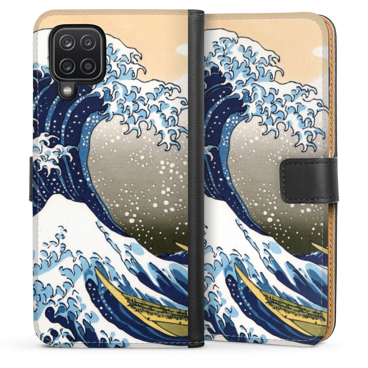 Galaxy A12 Handy Klapphülle Handyhülle aus Kunst Leder schwarz Flip Case Die Große Welle Vor Kanagawa Kunst Katsushika Hokusai Sideflip mit langer Lasche