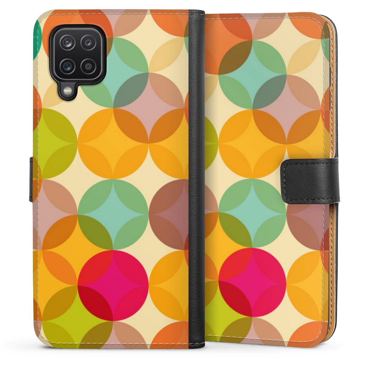 Galaxy A12 Handy Klapphülle Handyhülle aus Kunst Leder schwarz Flip Case Art Circle Kunst Sideflip mit langer Lasche