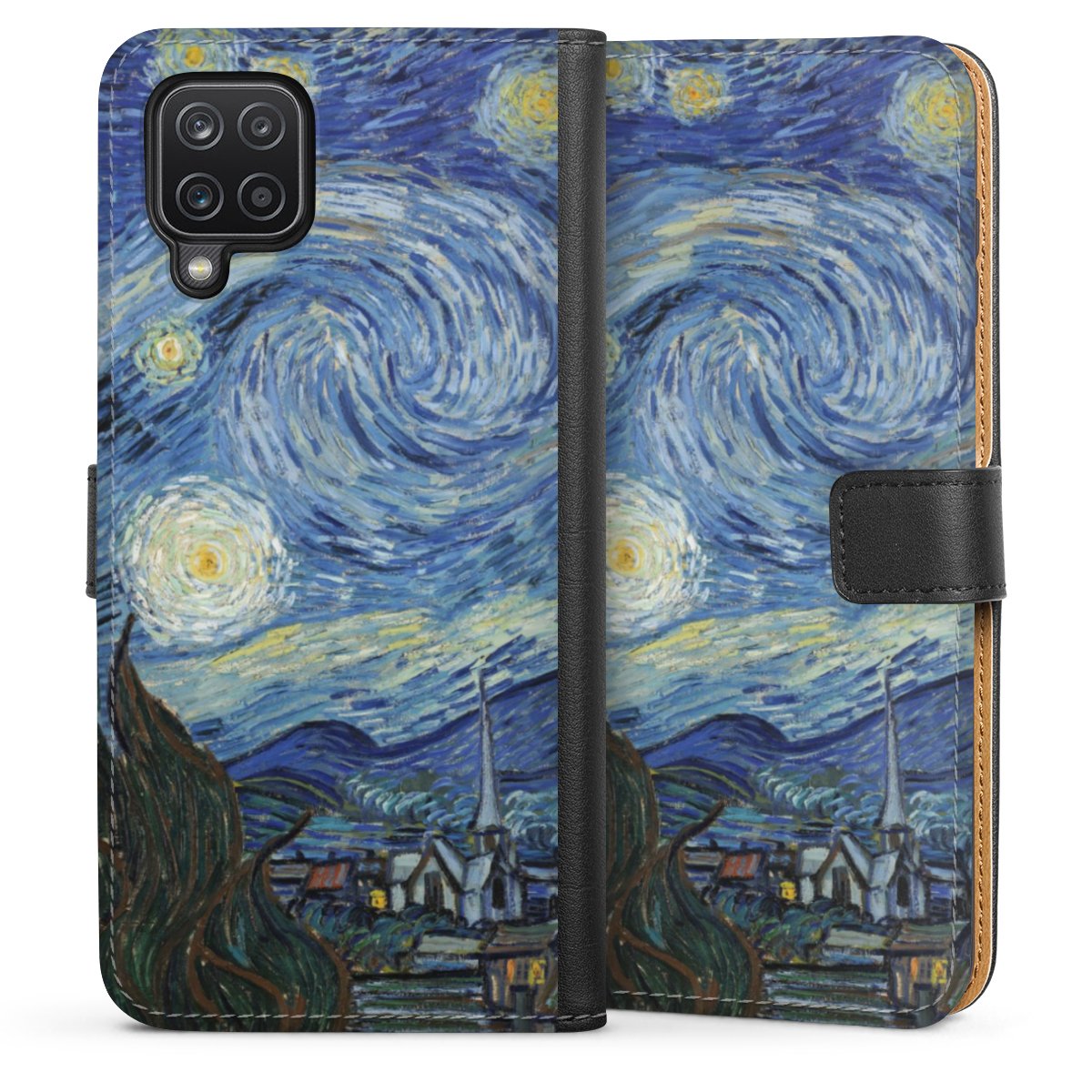 Galaxy A12 Handy Klapphülle Handyhülle aus Kunst Leder schwarz Flip Case Vincent Van Gogh The Starry Night Kunst Sideflip mit langer Lasche