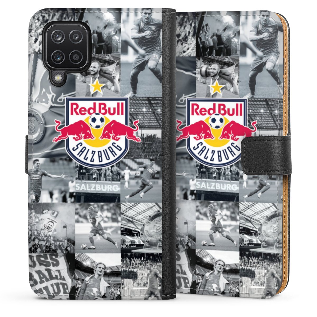 Galaxy A12 Handy Klapphülle Handyhülle aus Kunst Leder schwarz Flip Case Salzburg Fc Red Bull Salzburg Red Bull Sideflip mit langer Lasche
