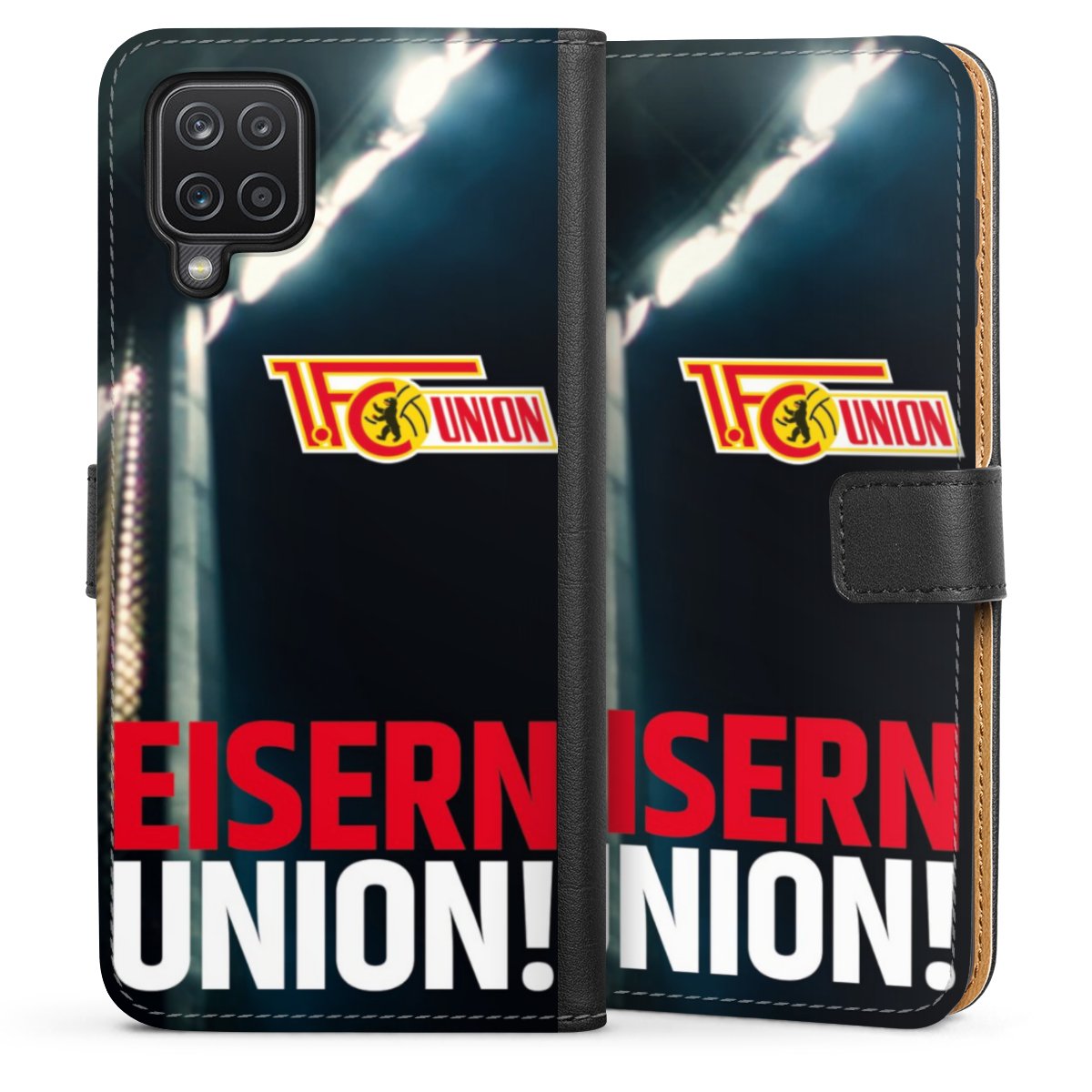 Galaxy A12 Handy Klapphülle Handyhülle aus Kunst Leder schwarz Flip Case 1. Fc Union Berlin Merchandise Soccer Sideflip mit langer Lasche