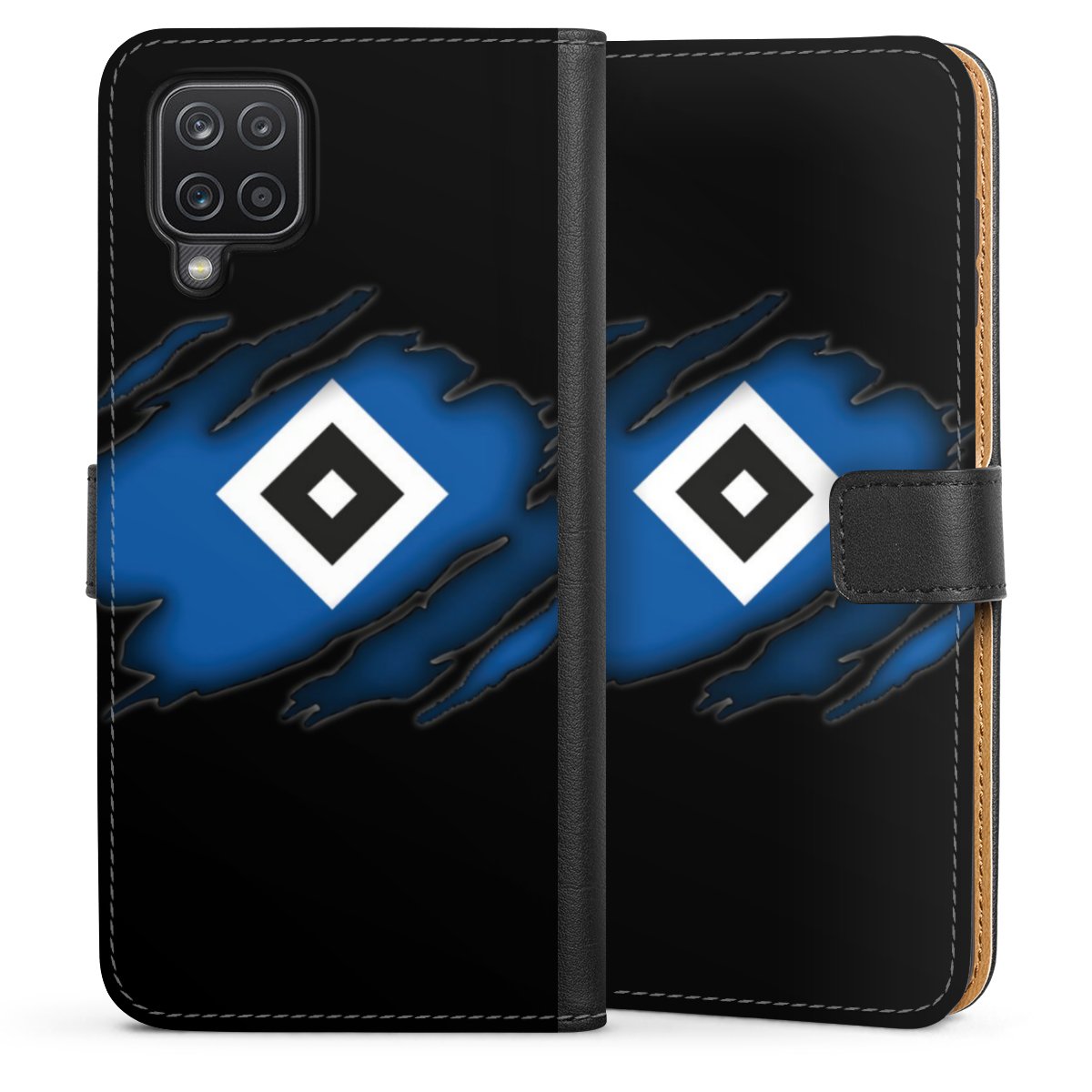 Galaxy A12 Handy Klapphülle Handyhülle aus Kunst Leder schwarz Flip Case Hsv Official Licensed Product Hamburger Sv Sideflip mit langer Lasche