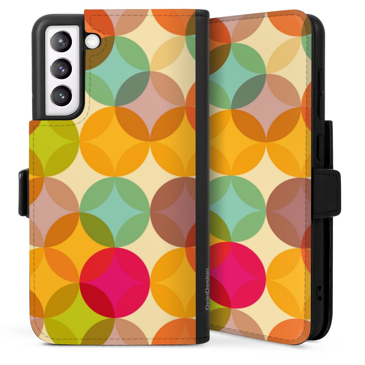 Galaxy S21 FE 5G Handy Klapphülle Handyhülle aus Kunst Leder schwarz Flip Case Art Circle Kunst Sideflip mit langer Lasche