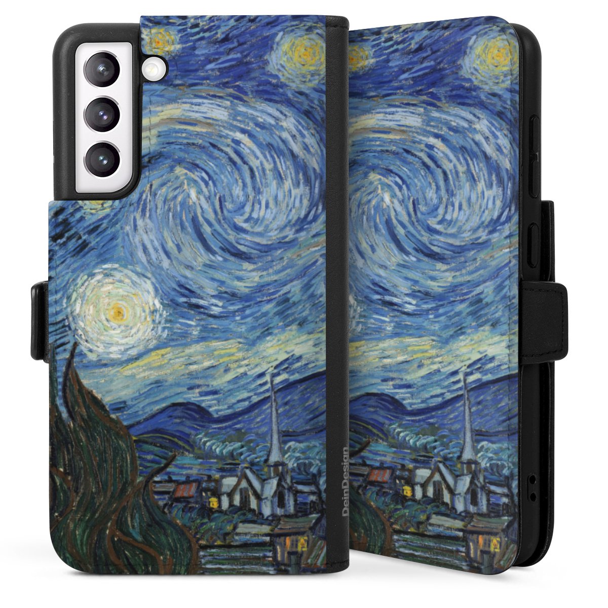 Galaxy S21 FE 5G Handy Klapphülle Handyhülle aus Kunst Leder schwarz Flip Case Vincent Van Gogh The Starry Night Kunst Sideflip mit langer Lasche