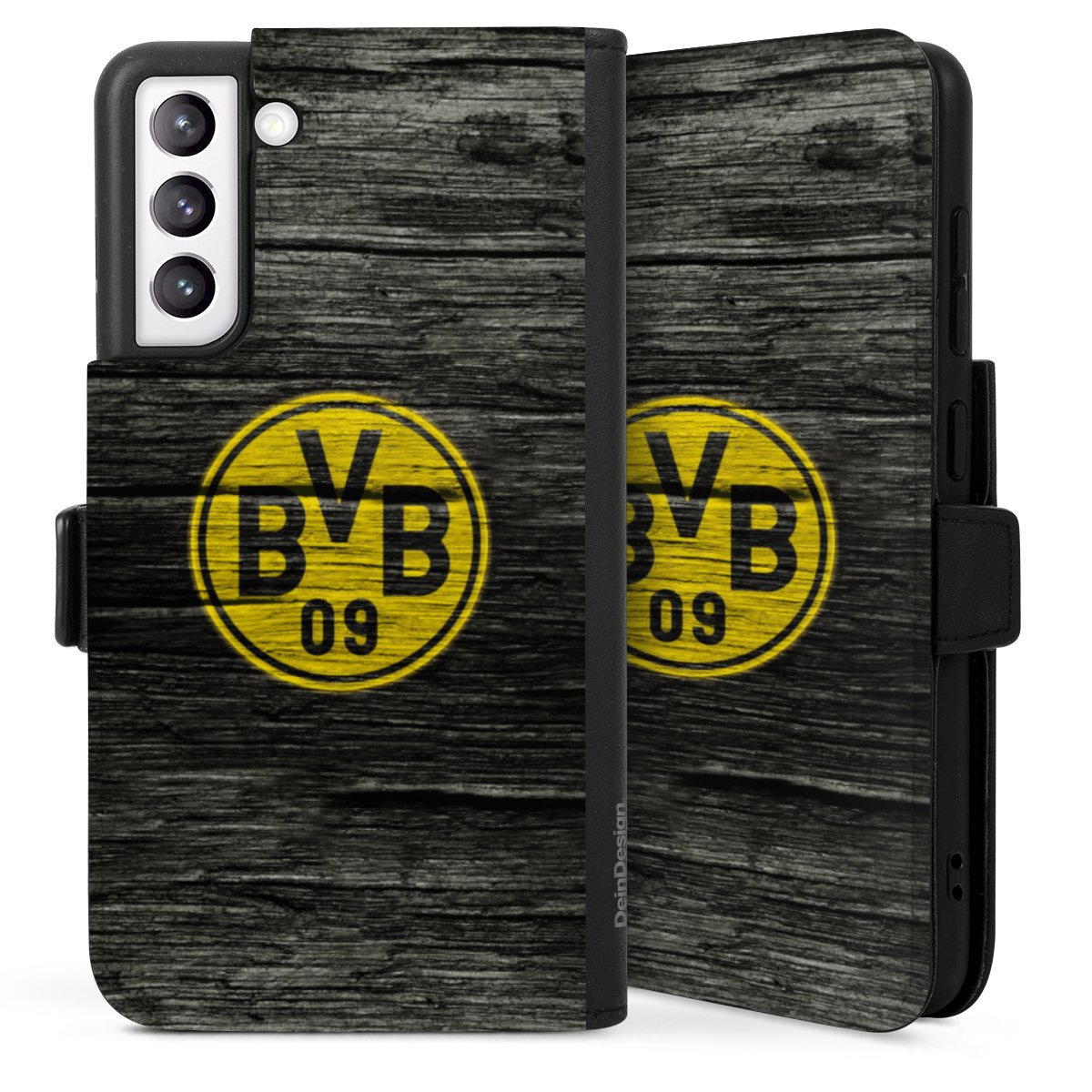 Galaxy S21 FE 5G Handy Klapphülle Handyhülle aus Kunst Leder schwarz Flip Case Wooden Look Borussia Dortmund Bvb Sideflip mit langer Lasche