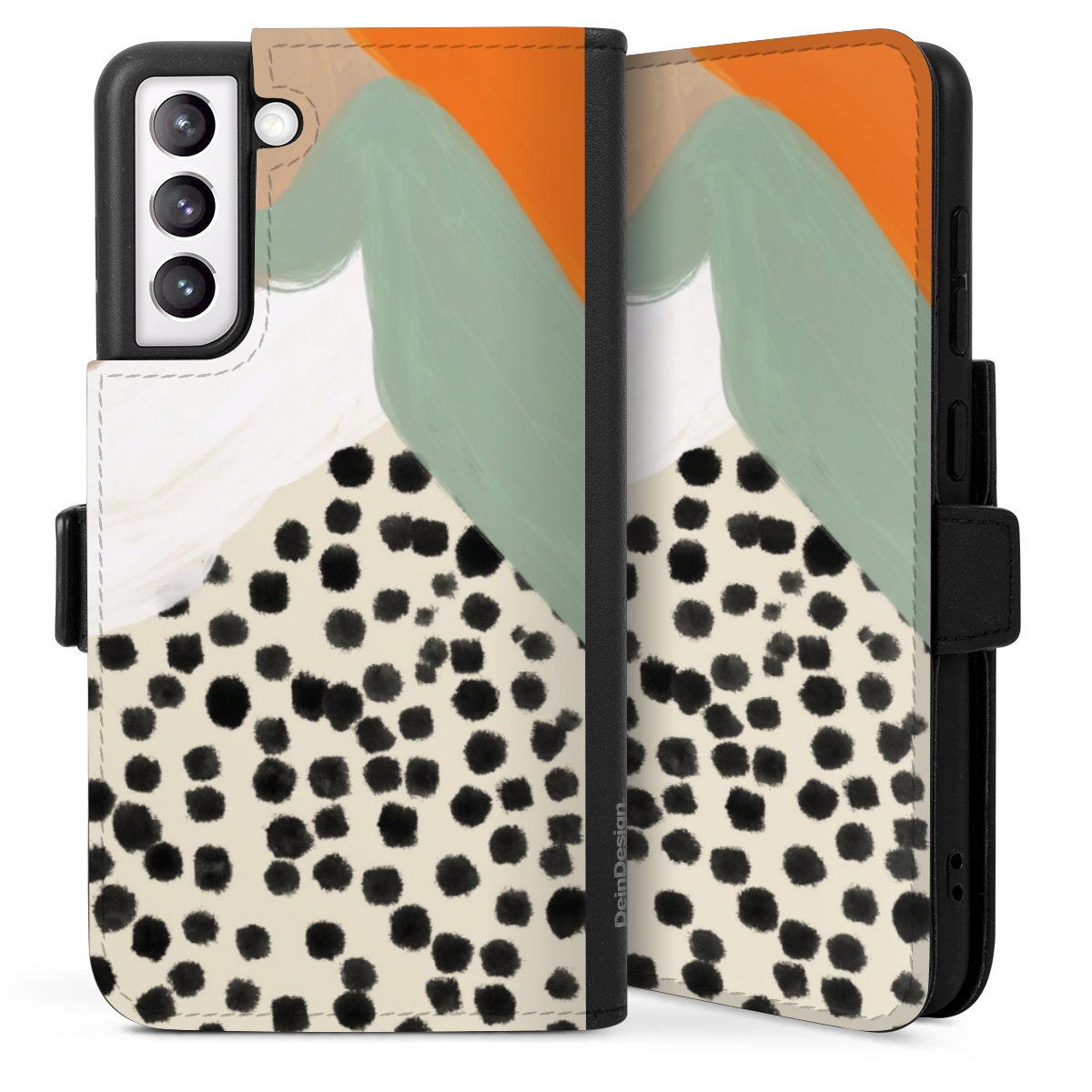 Galaxy S21 FE 5G Handy Klapphülle Handyhülle aus Kunst Leder schwarz Flip Case Abstract Boho Kunst Sideflip mit langer Lasche