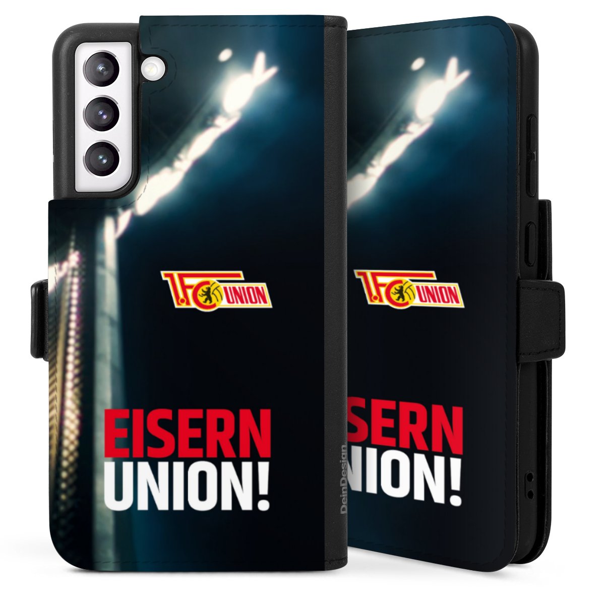 Galaxy S21 FE 5G Handy Klapphülle Handyhülle aus Kunst Leder schwarz Flip Case 1. Fc Union Berlin Merchandise Soccer Sideflip mit langer Lasche