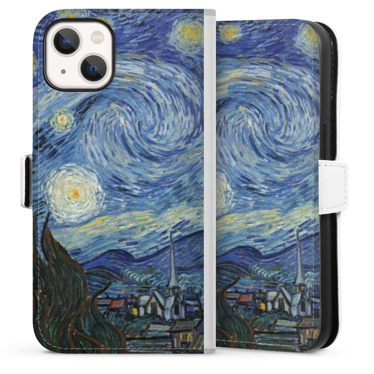 iPhone 13 Handy Klapphülle Handyhülle aus Kunst Leder weiß Flip Case Vincent Van Gogh The Starry Night Kunst Sideflip mit Lasche