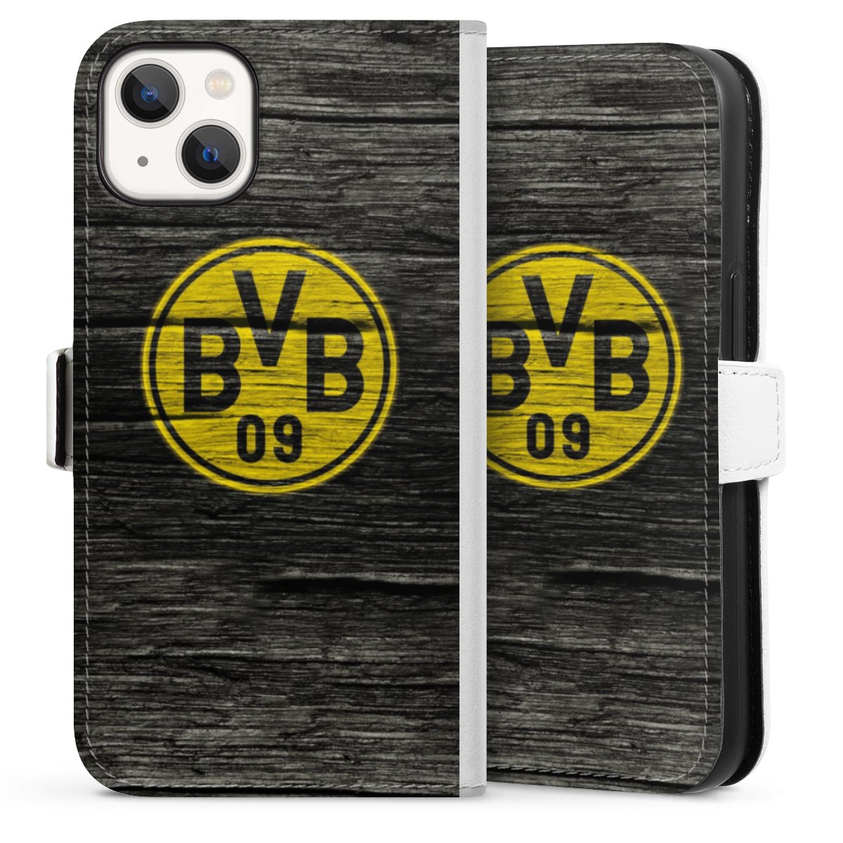 iPhone 13 Handy Klapphülle Handyhülle aus Kunst Leder weiß Flip Case Wooden Look Borussia Dortmund Bvb Sideflip mit Lasche