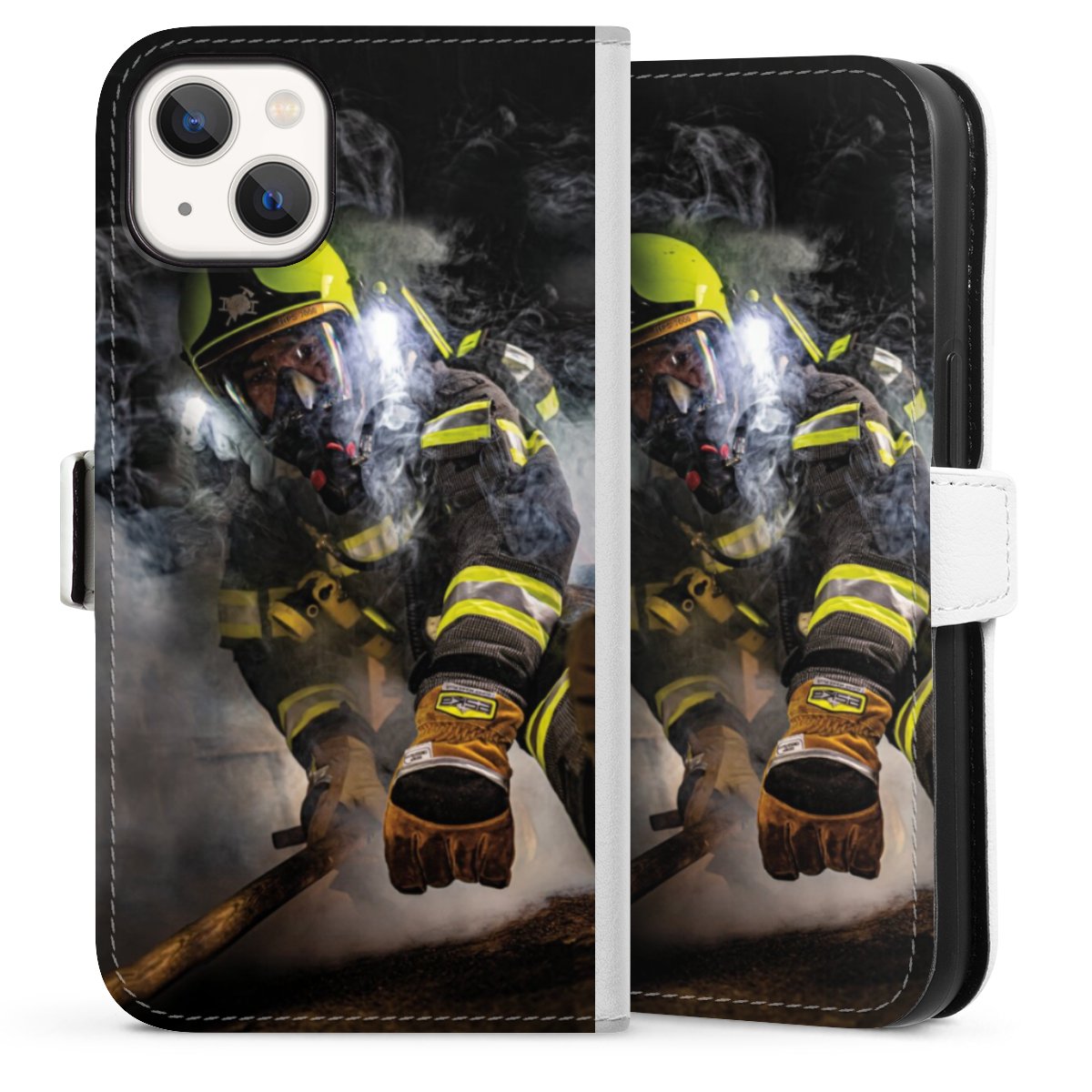 iPhone 13 Handy Klapphülle Handyhülle aus Kunst Leder weiß Flip Case Fire Fire Fighter Fire Fighters Sideflip mit Lasche