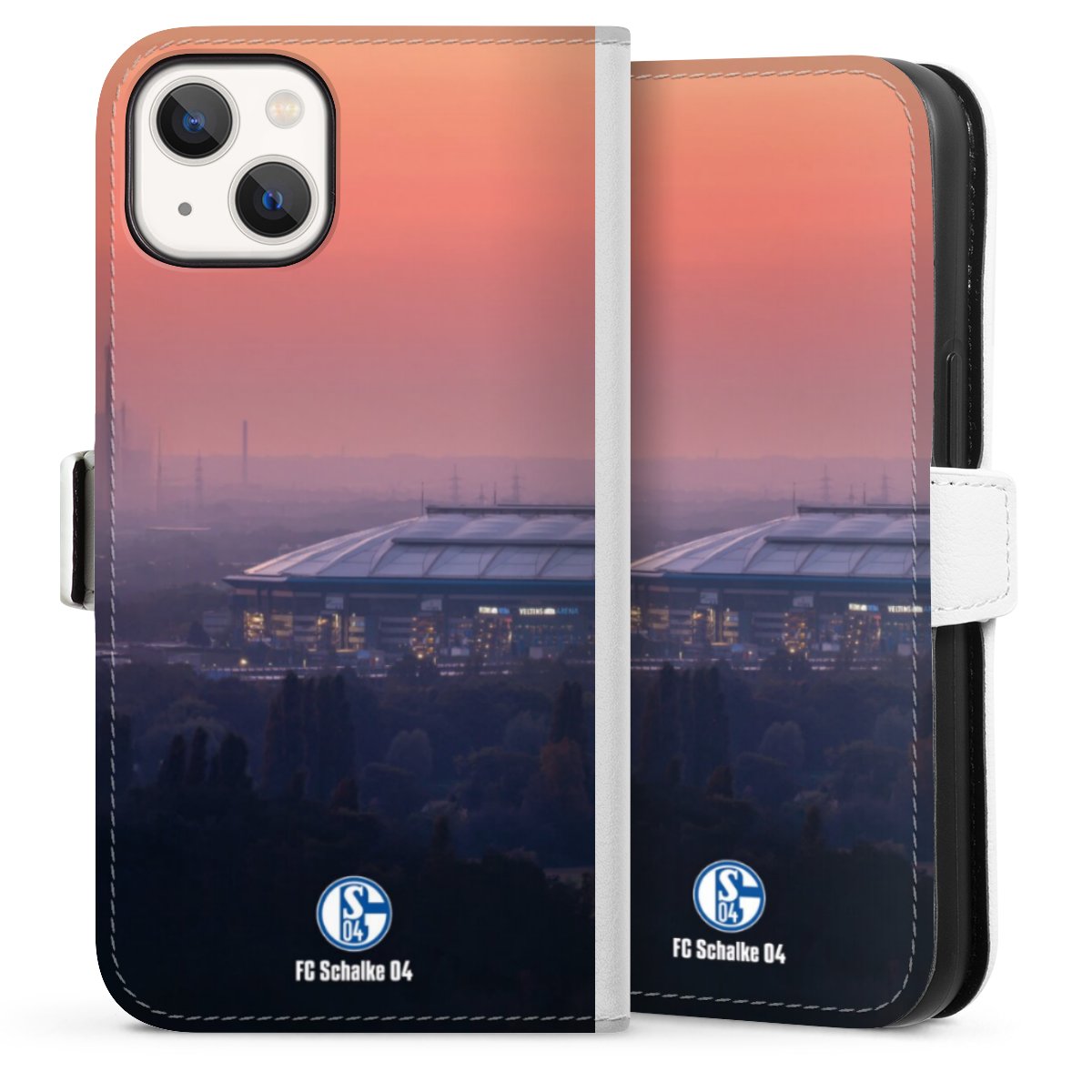 iPhone 13 Handy Klapphülle Handyhülle aus Kunst Leder weiß Flip Case Fc Schalke 04 Stadium Schalke 04 Sideflip mit Lasche