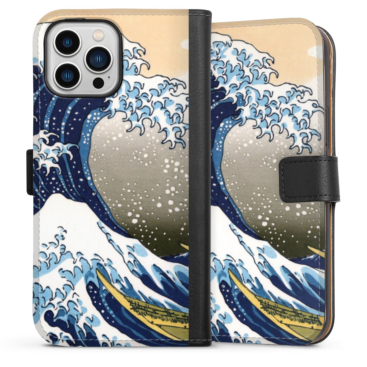 iPhone 13 Pro Max Handy Klapphülle Handyhülle aus Kunst Leder schwarz Flip Case Die Große Welle Vor Kanagawa Kunst Katsushika Hokusai Sideflip mit langer Lasche