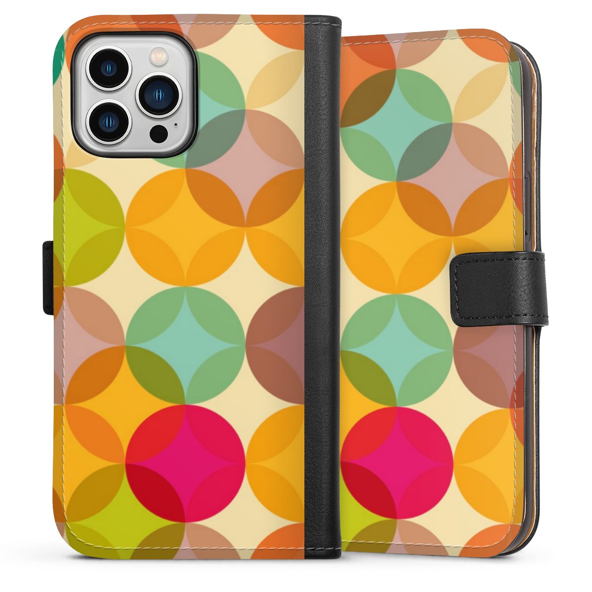 iPhone 13 Pro Max Handy Klapphülle Handyhülle aus Kunst Leder schwarz Flip Case Art Circle Kunst Sideflip mit langer Lasche
