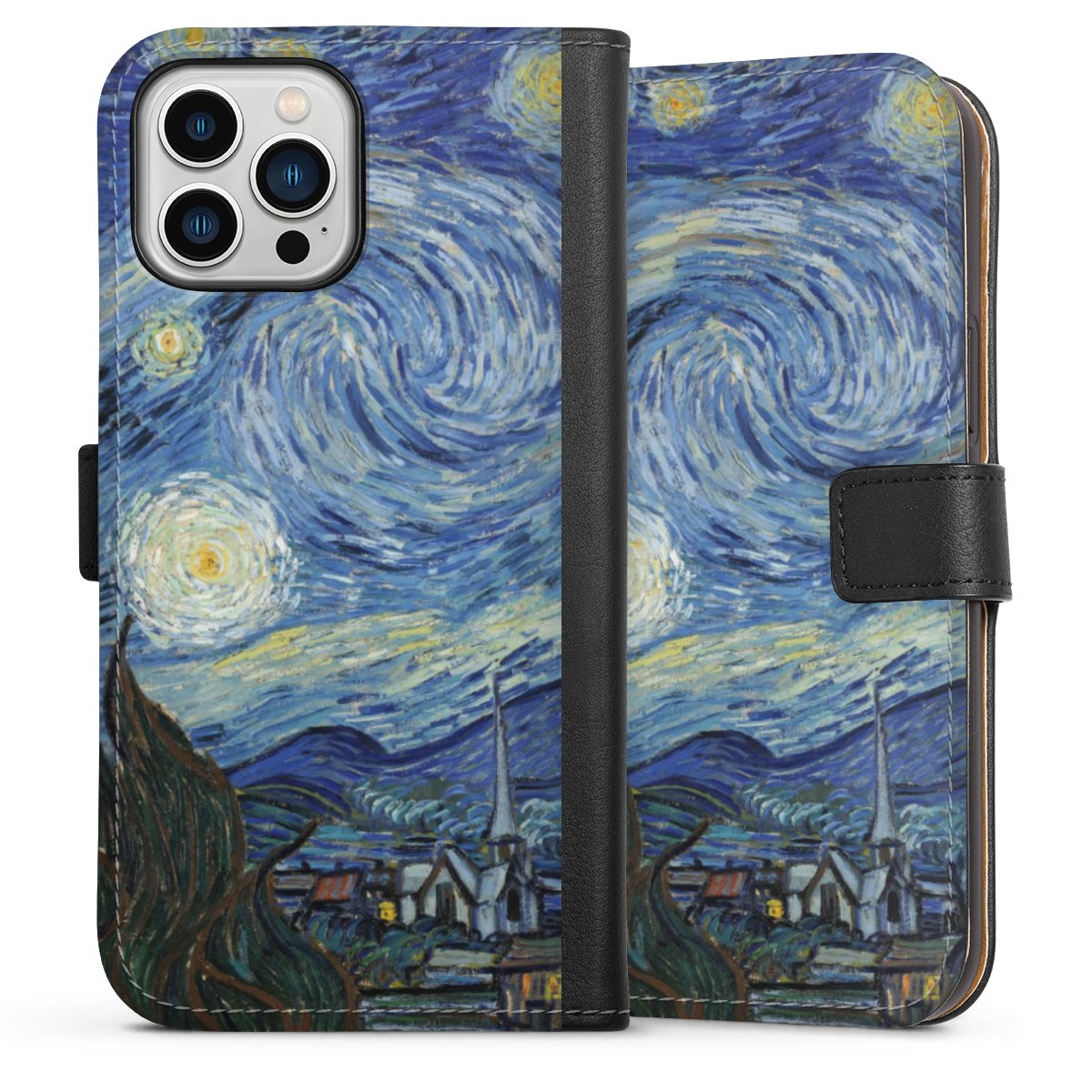 iPhone 13 Pro Max Handy Klapphülle Handyhülle aus Kunst Leder schwarz Flip Case Vincent Van Gogh The Starry Night Kunst Sideflip mit langer Lasche