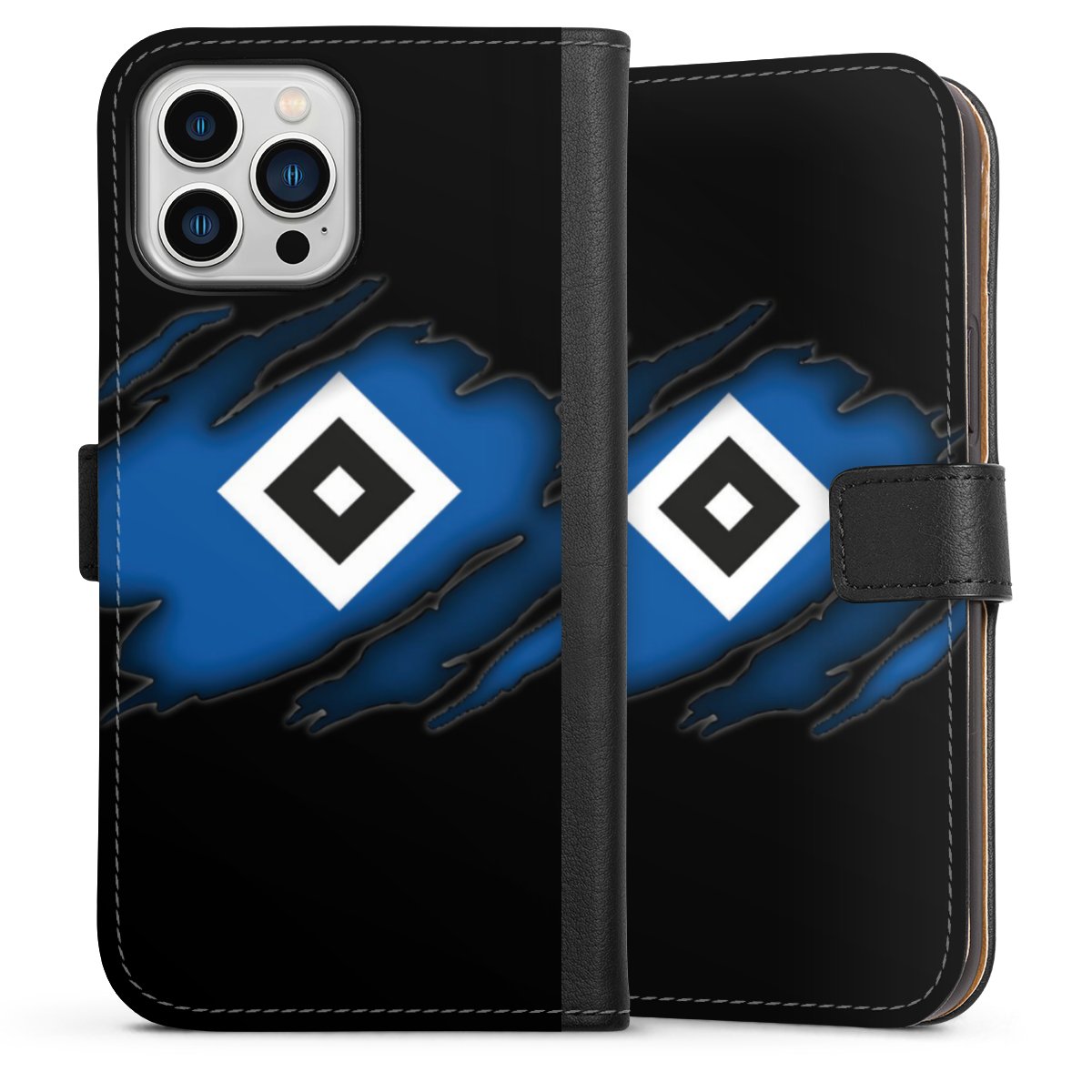 iPhone 13 Pro Max Handy Klapphülle Handyhülle aus Kunst Leder schwarz Flip Case Hsv Official Licensed Product Hamburger Sv Sideflip mit langer Lasche