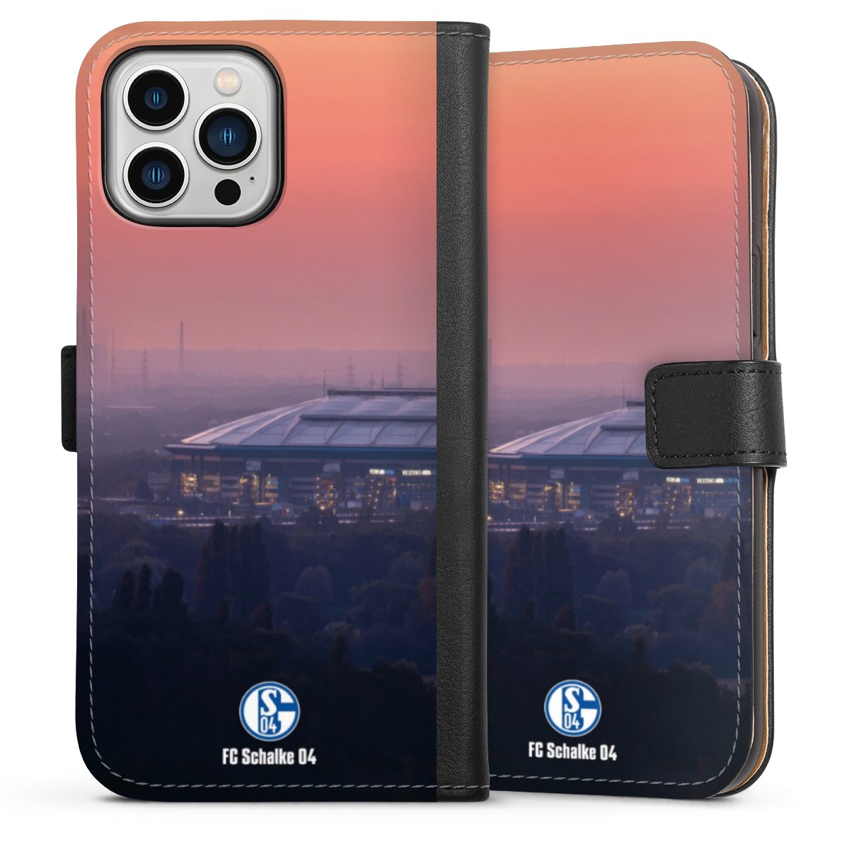 iPhone 13 Pro Max Handy Klapphülle Handyhülle aus Kunst Leder schwarz Flip Case Schalke 04 Fc Schalke 04 Stadium Sideflip mit langer Lasche