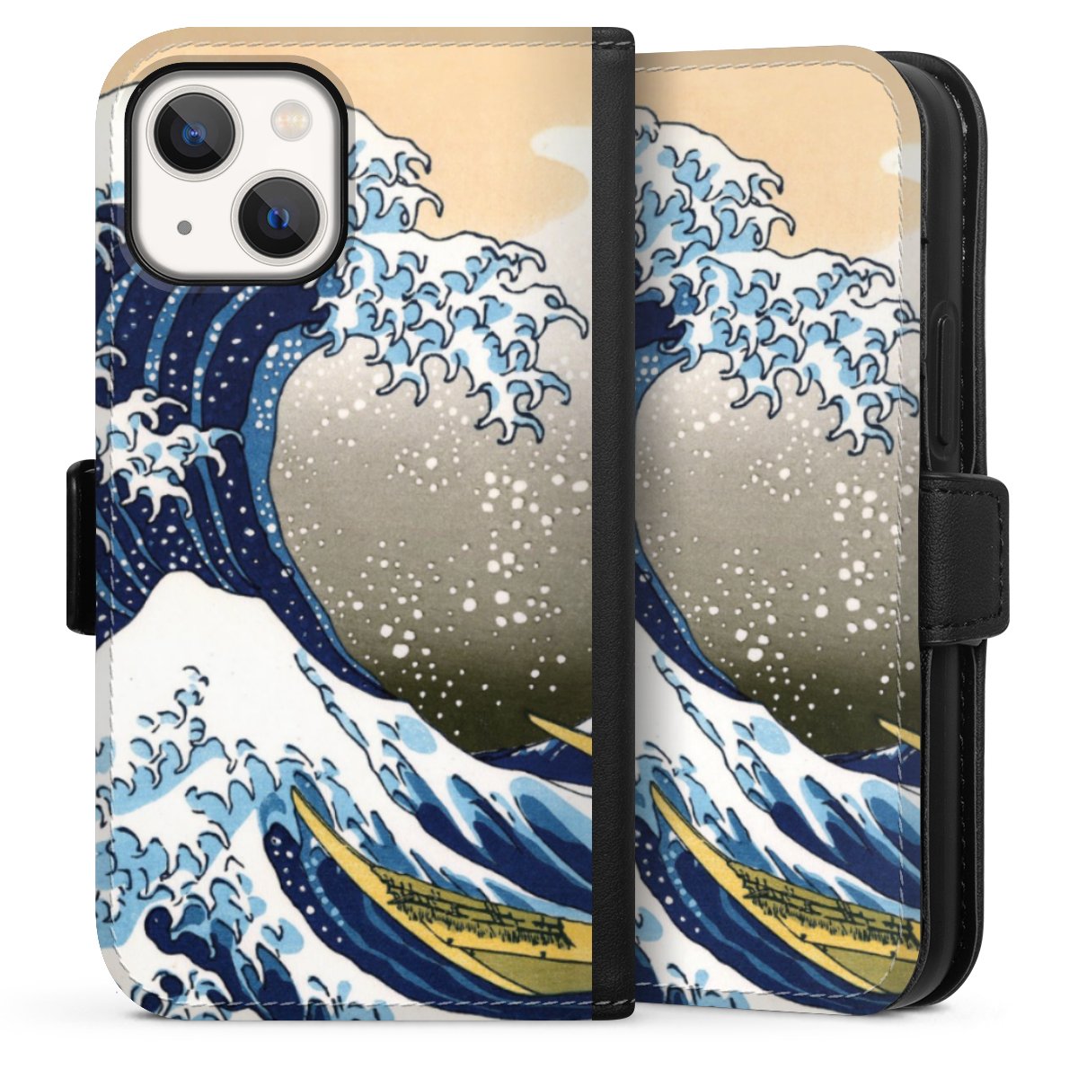 iPhone 13 Mini Handy Klapphülle Handyhülle aus Kunst Leder schwarz Flip Case Die Große Welle Vor Kanagawa Kunst Katsushika Hokusai Sideflip mit Lasche