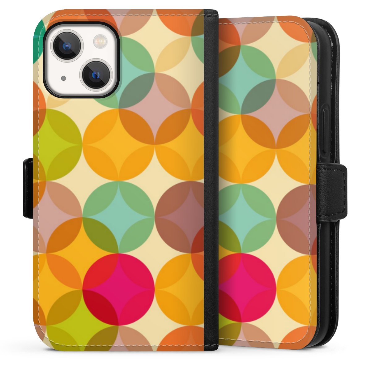 iPhone 13 Mini Handy Klapphülle Handyhülle aus Kunst Leder schwarz Flip Case Art Circle Kunst Sideflip mit Lasche