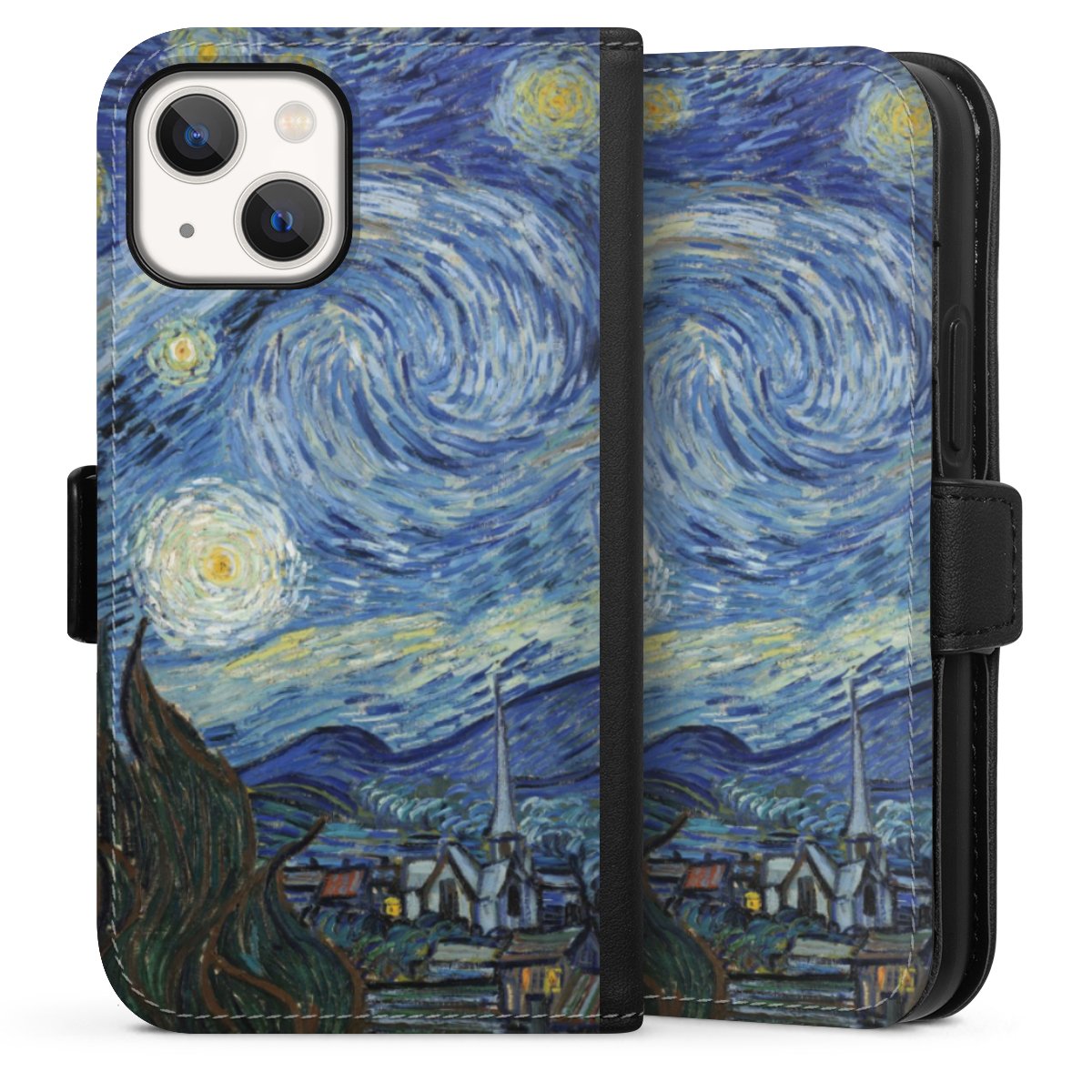 iPhone 13 Mini Handy Klapphülle Handyhülle aus Kunst Leder schwarz Flip Case Vincent Van Gogh The Starry Night Kunst Sideflip mit Lasche