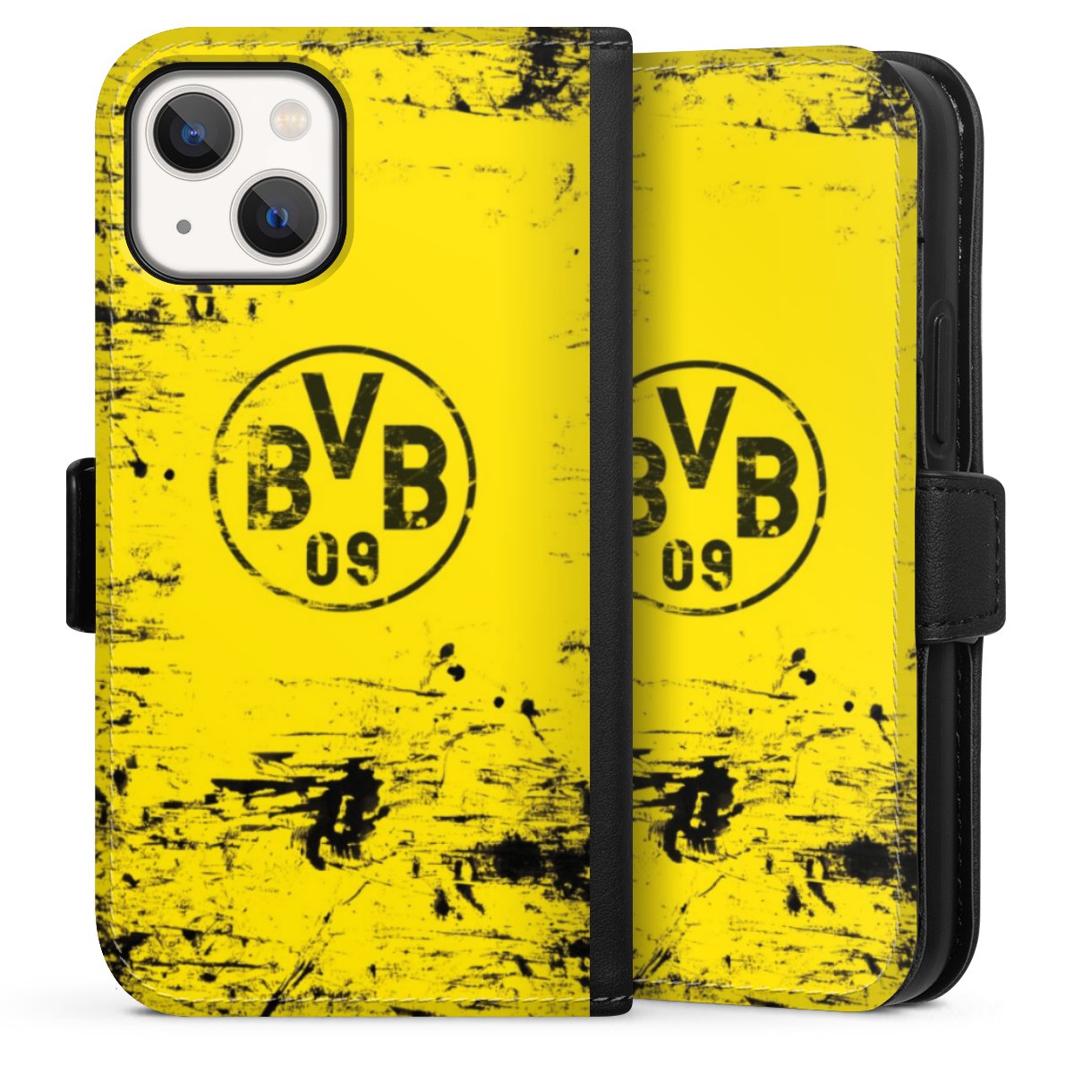 iPhone 13 Mini Handy Klapphülle Handyhülle aus Kunst Leder schwarz Flip Case Bvb Official Licensed Product Borussia Dortmund Sideflip mit Lasche
