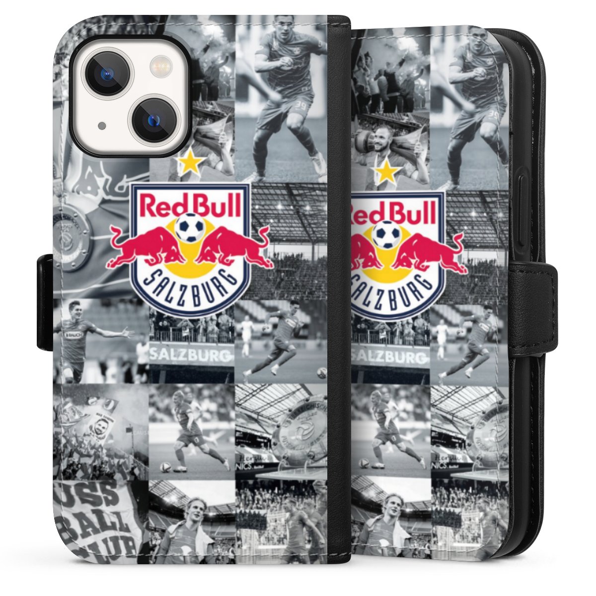 iPhone 13 Mini Handy Klapphülle Handyhülle aus Kunst Leder schwarz Flip Case Salzburg Fc Red Bull Salzburg Red Bull Sideflip mit Lasche