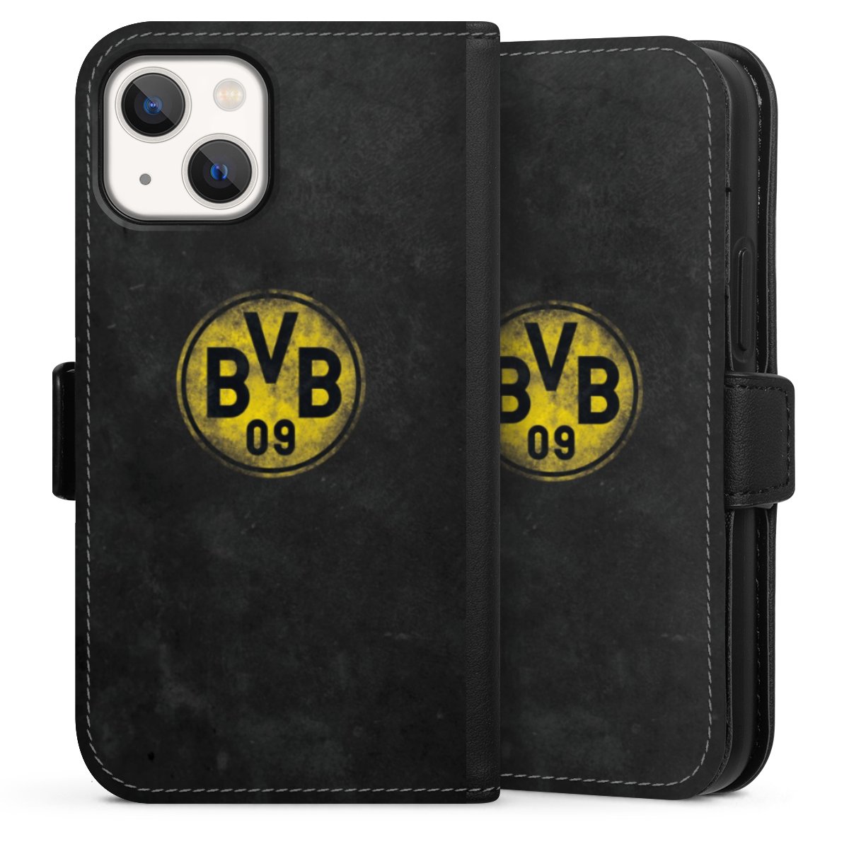 iPhone 13 Mini Handy Klapphülle Handyhülle aus Kunst Leder schwarz Flip Case Borussia Dortmund Bvb Merchandise Sideflip mit Lasche