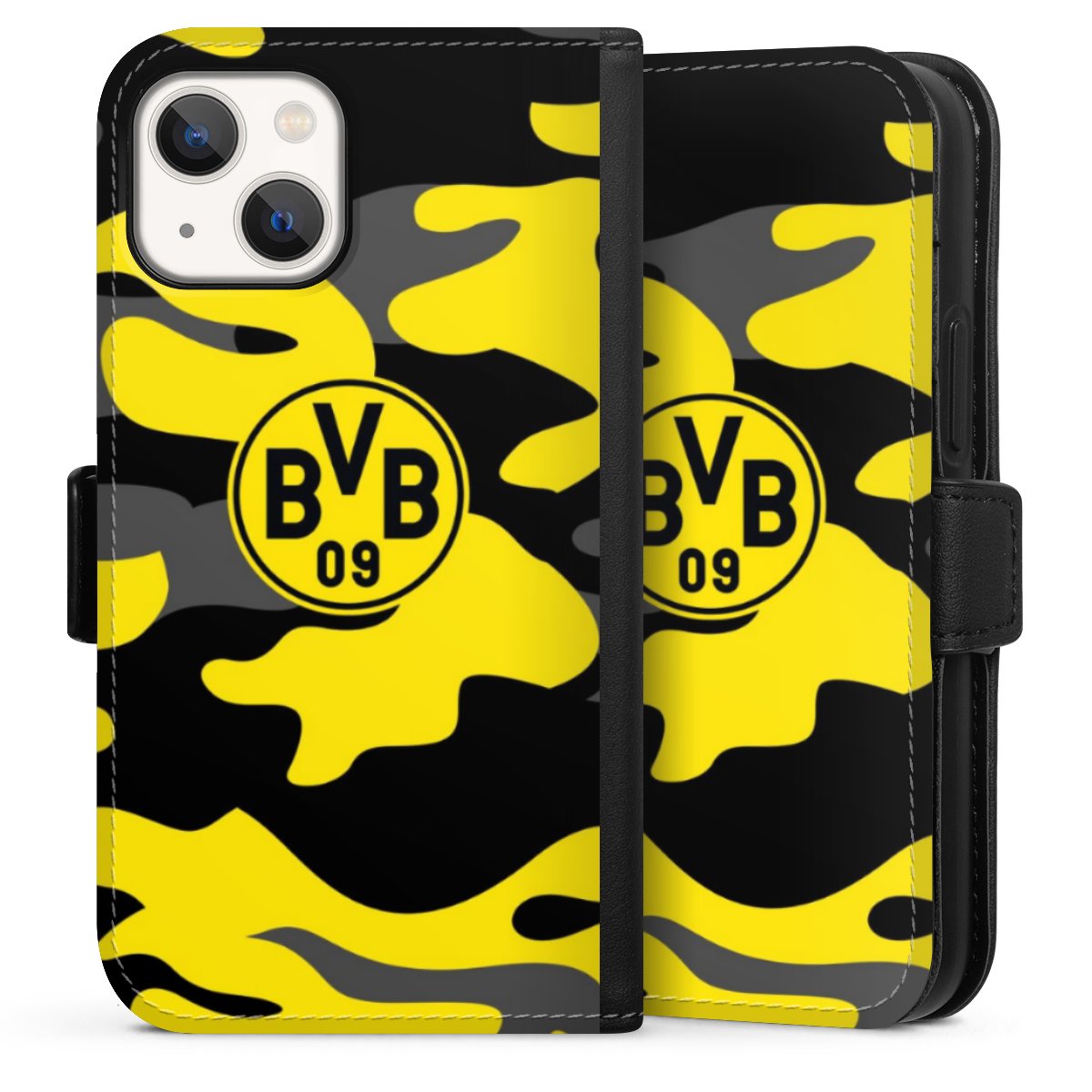iPhone 13 Mini Handy Klapphülle Handyhülle aus Kunst Leder schwarz Flip Case Merchandise Borussia Dortmund Bvb Sideflip mit Lasche