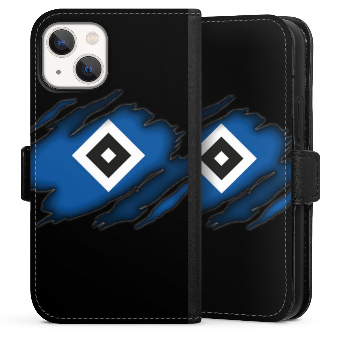 iPhone 13 Mini Handy Klapphülle Handyhülle aus Kunst Leder schwarz Flip Case Hsv Official Licensed Product Hamburger Sv Sideflip mit Lasche