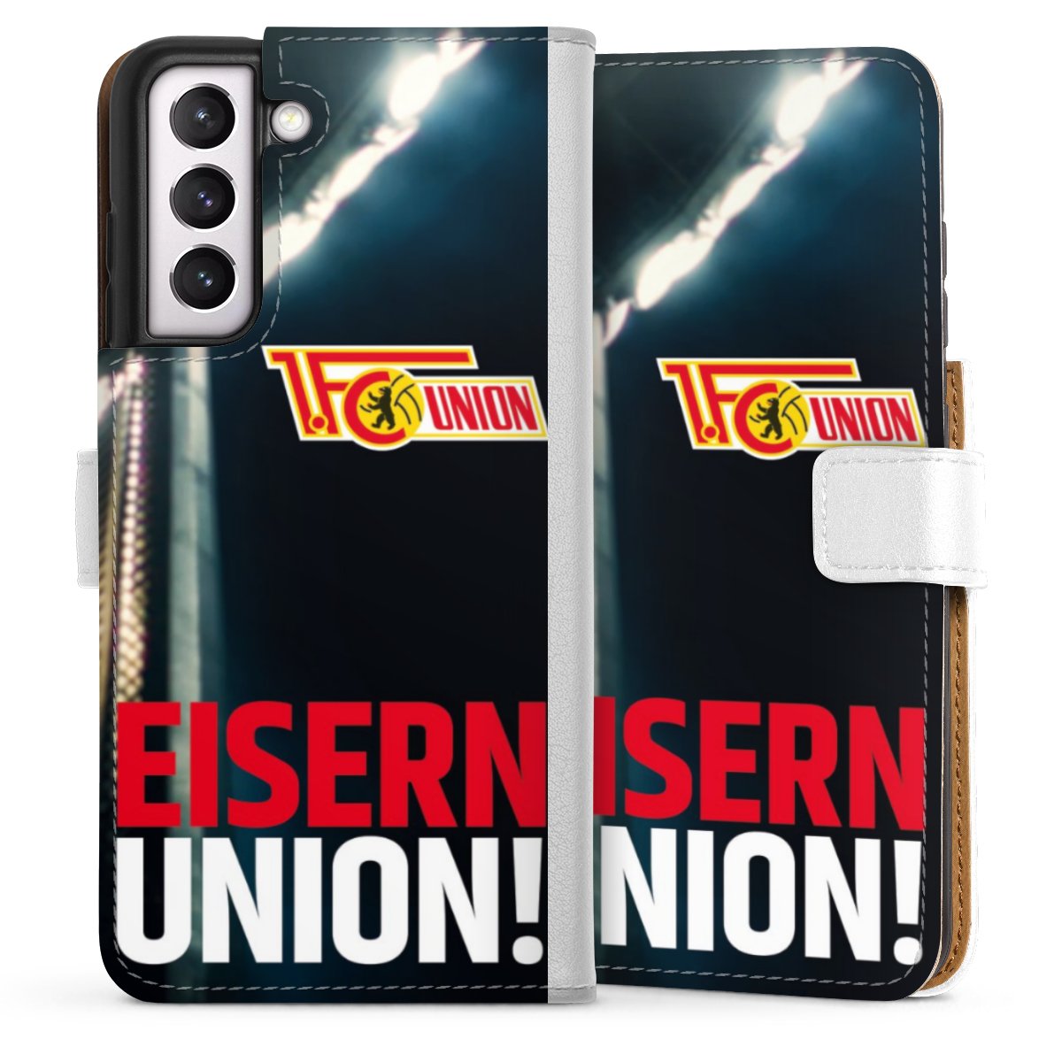 Galaxy S21 FE 5G Handy Klapphülle Handyhülle aus Kunst Leder weiß Flip Case 1. Fc Union Berlin Merchandise Soccer Sideflip mit Lasche