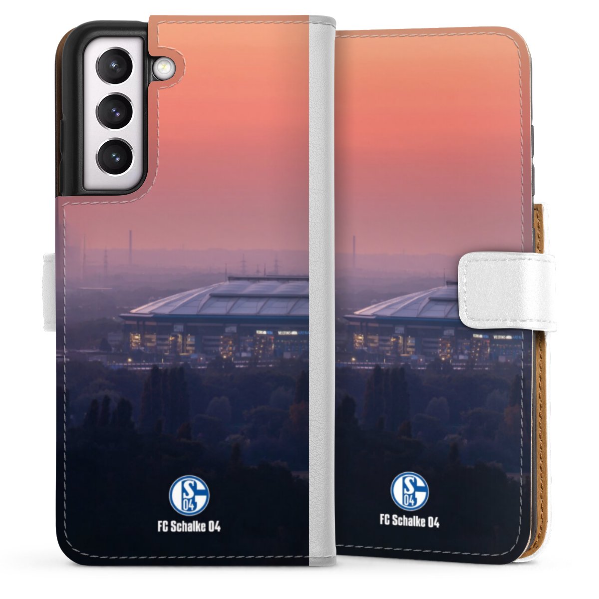Galaxy S21 FE 5G Handy Klapphülle Handyhülle aus Kunst Leder weiß Flip Case Stadium Schalke 04 Fc Schalke 04 Sideflip mit Lasche