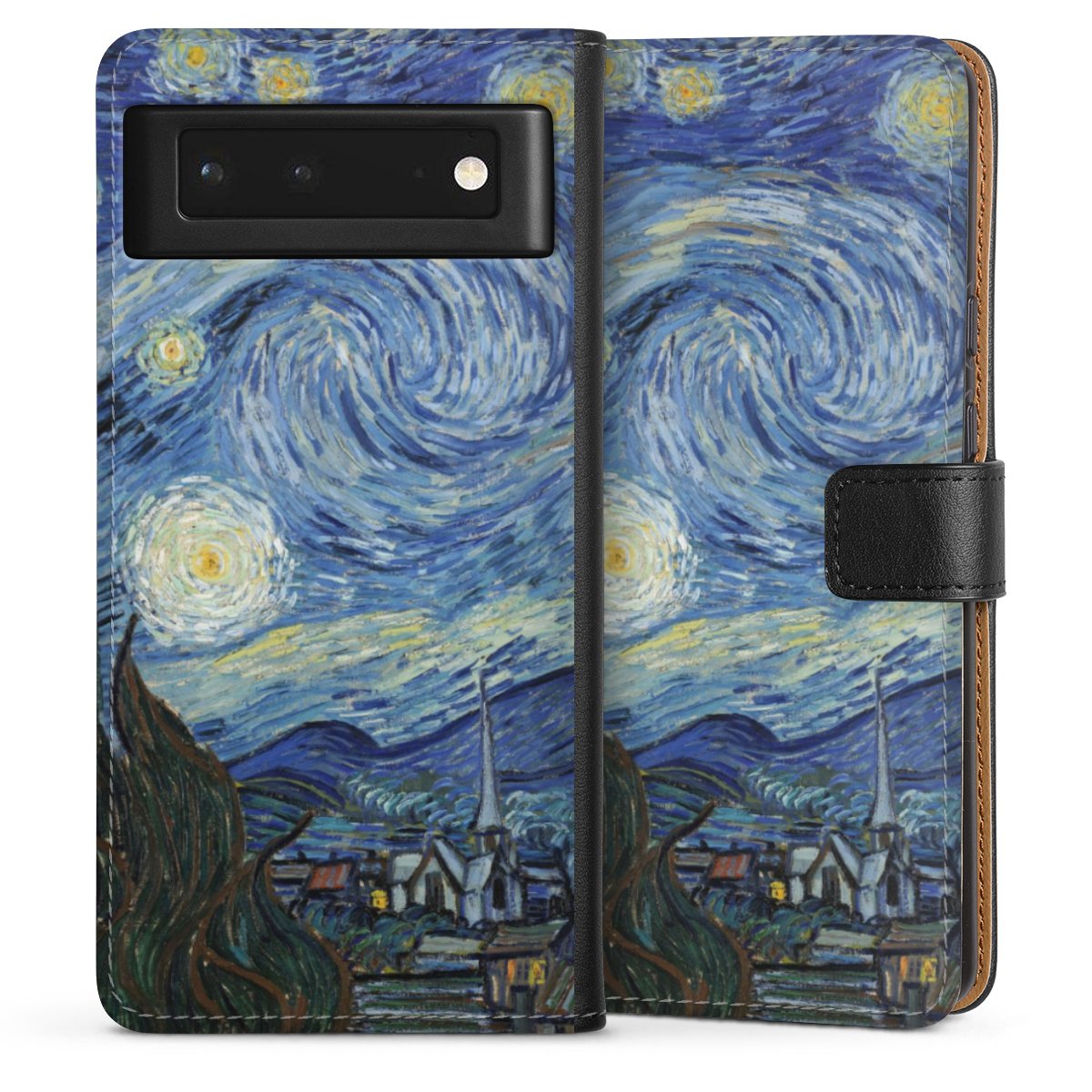 Google Pixel 6 Handy Klapphülle Handyhülle aus Kunst Leder schwarz Flip Case Vincent Van Gogh The Starry Night Kunst Sideflip mit langer Lasche