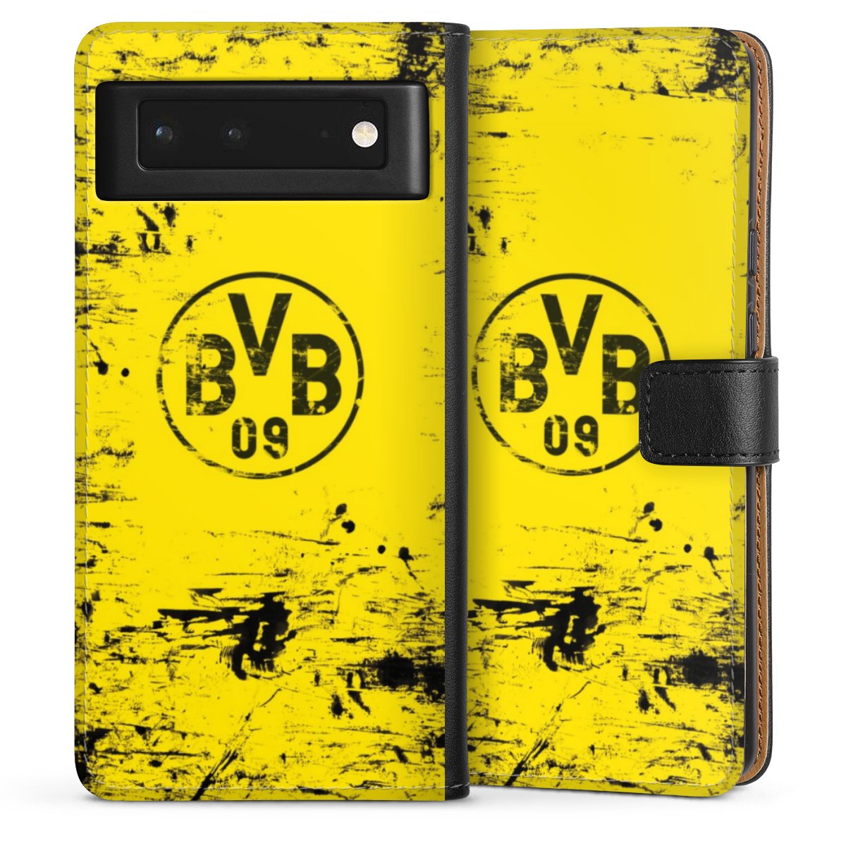 Google Pixel 6 Handy Klapphülle Handyhülle aus Kunst Leder schwarz Flip Case Bvb Official Licensed Product Borussia Dortmund Sideflip mit langer Lasche