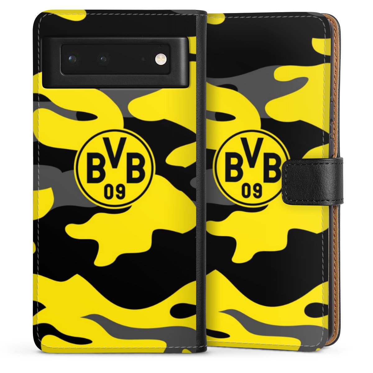 Google Pixel 6 Handy Klapphülle Handyhülle aus Kunst Leder schwarz Flip Case Merchandise Borussia Dortmund Bvb Sideflip mit langer Lasche