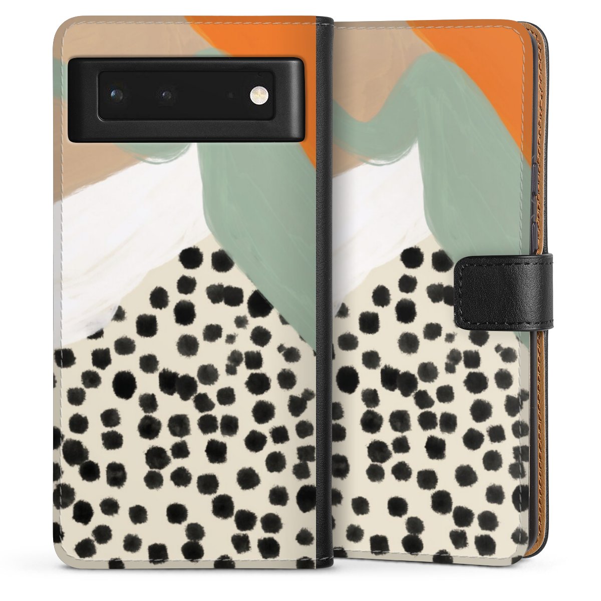 Google Pixel 6 Handy Klapphülle Handyhülle aus Kunst Leder schwarz Flip Case Kunst Boho Abstract Sideflip mit langer Lasche
