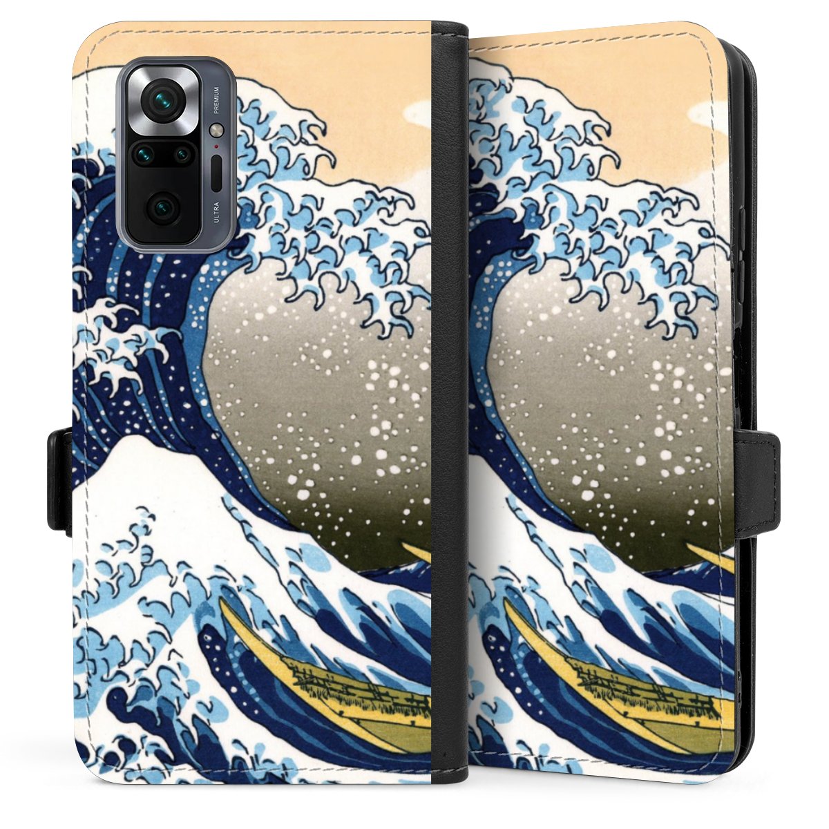 Xiaomi Redmi Note 10 Pro Handy Klapphülle Handyhülle aus Kunst Leder schwarz Flip Case Die Große Welle Vor Kanagawa Kunst Katsushika Hokusai Sideflip mit langer Lasche